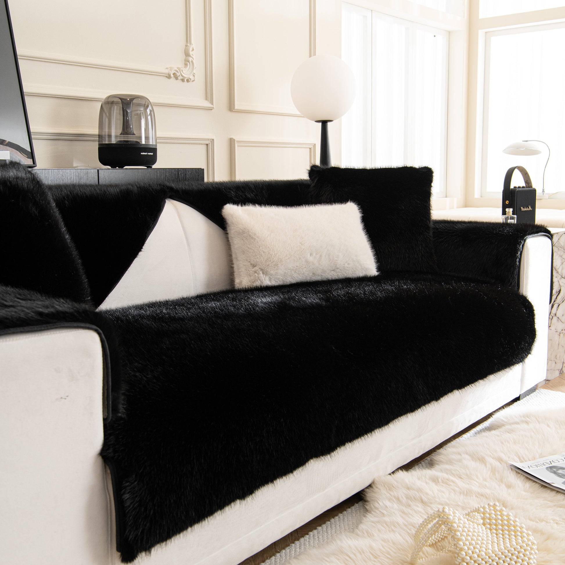 Faux Mink Velvet Luxury Fluffy Sofa Cushion, Winter Warm Thick Plush Non-slip Sofa Covers on modern sofa.
