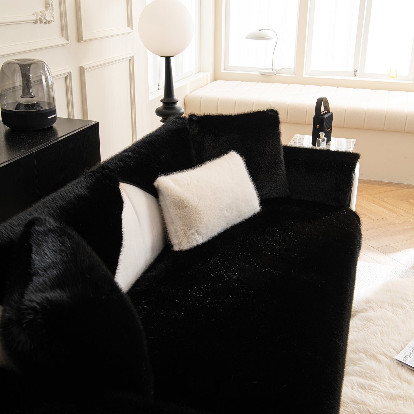 Faux Mink Velvet Luxury Fluffy Sofa Cushion, Winter Warm Thick Plush Non-slip Sofa Covers on modern sofa