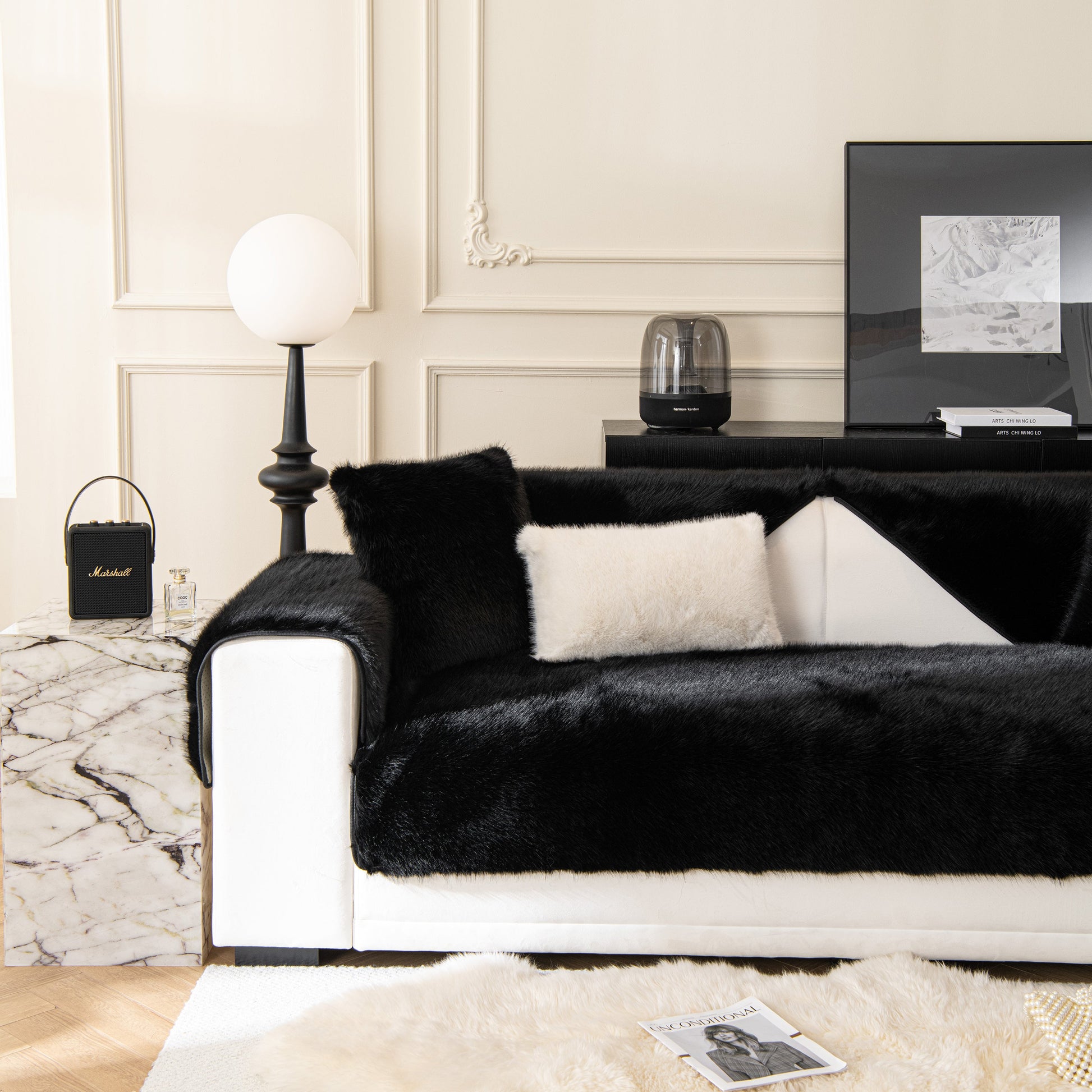 Faux Mink Velvet Luxury Fluffy Sofa Cushion, Winter Warm Thick Plush Non-slip Sofa Covers displayed on a white couch in a stylish room.