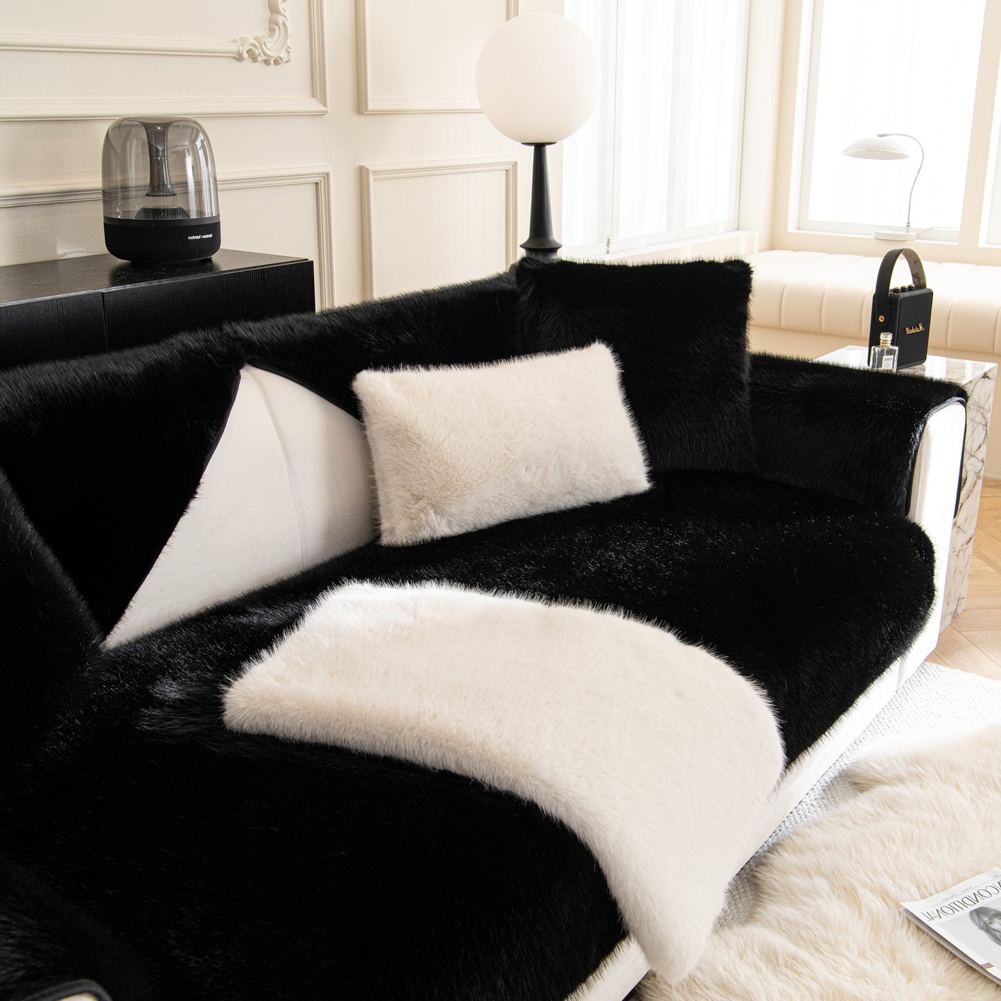 Faux Mink Velvet Luxury Fluffy Sofa Cushion, Winter Warm Thick Plush Non-slip Sofa Covers in a modern living room.
