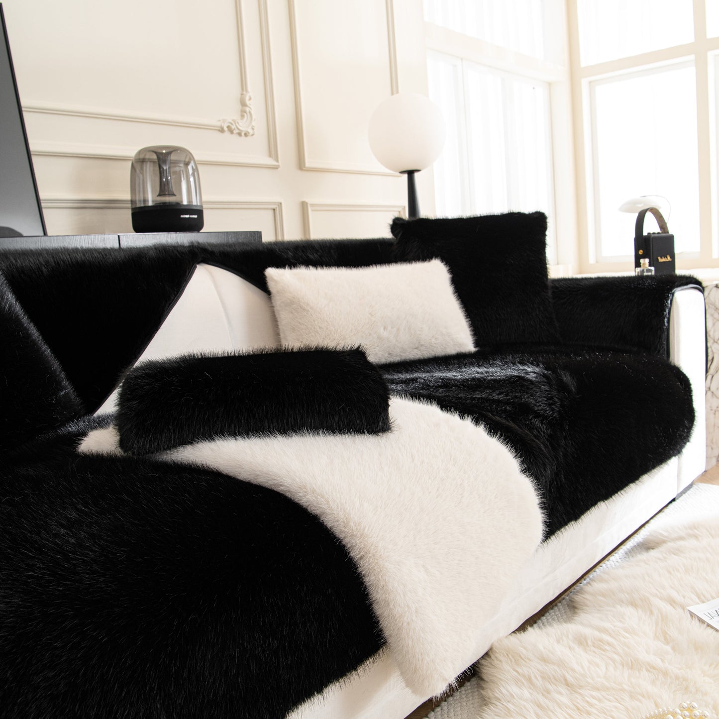 Faux Mink Velvet Luxury Fluffy Sofa Cushion, Winter Warm Thick Plush Non-slip Sofa Covers on modern white sofa