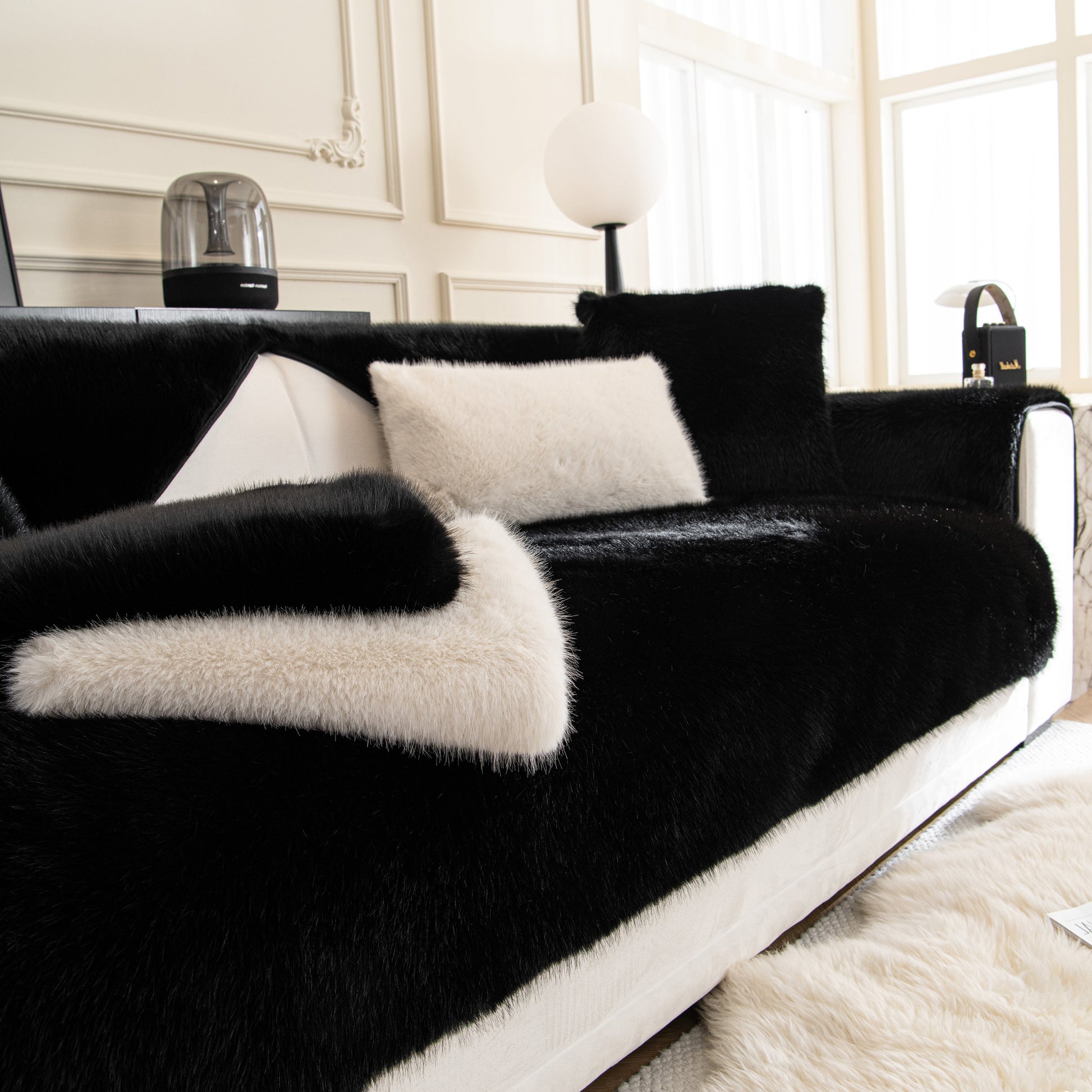 Faux Mink Velvet Luxury Fluffy Sofa Cushion, Winter Warm Thick Plush Non-slip Sofa Covers on a modern sofa.