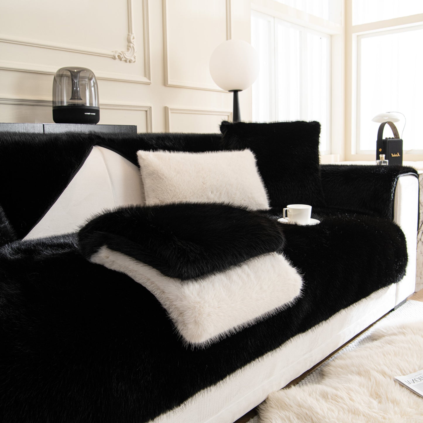 Faux Mink Velvet Luxury Fluffy Sofa Cushion, Winter Warm Thick Plush Non-slip Sofa Covers in elegant living room setting.
