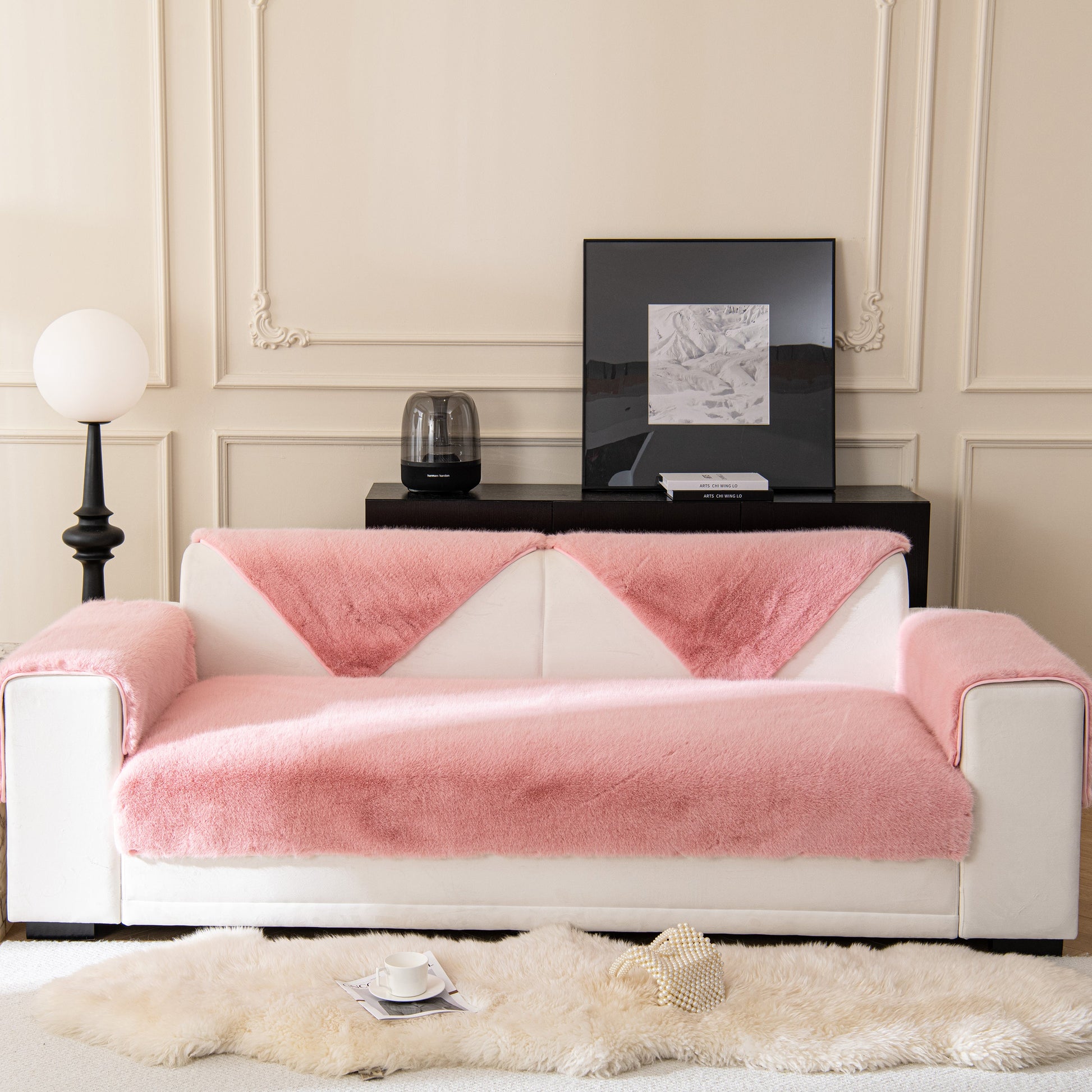 Faux Mink Velvet Luxury Fluffy Sofa Cushion, Winter Warm Thick Plush Non-slip Sofa Covers on pink and white sofa.