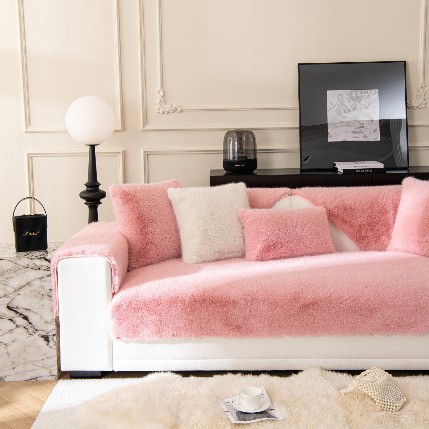 Faux Mink Velvet Luxury Fluffy Sofa Cushion, Winter Warm Thick Plush Non-slip Sofa Covers in elegant pink on white sofa