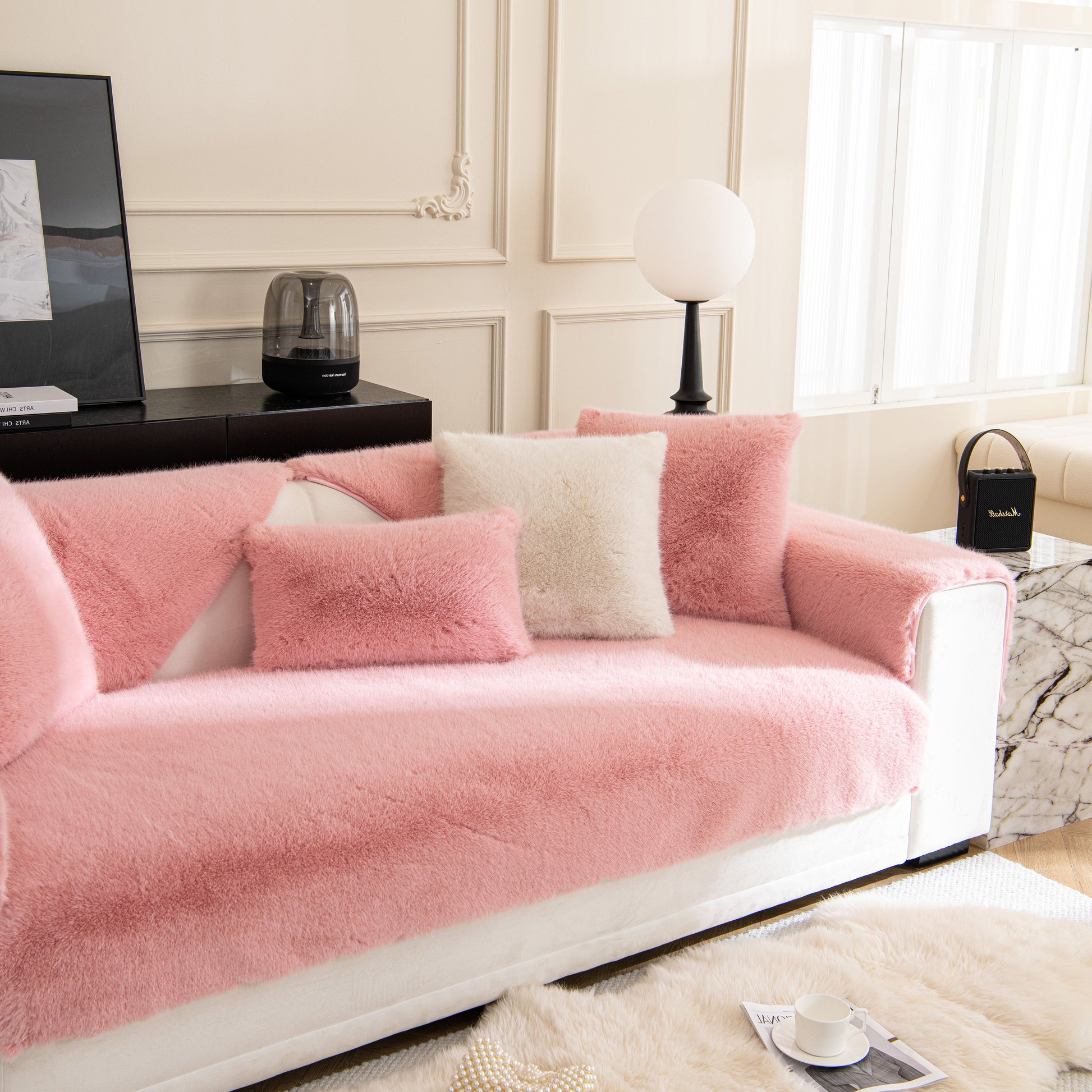 Faux Mink Velvet Luxury Fluffy Sofa Cushion, Winter Warm Thick Plush Non-slip Sofa Covers in pink on a sofa in a living room
