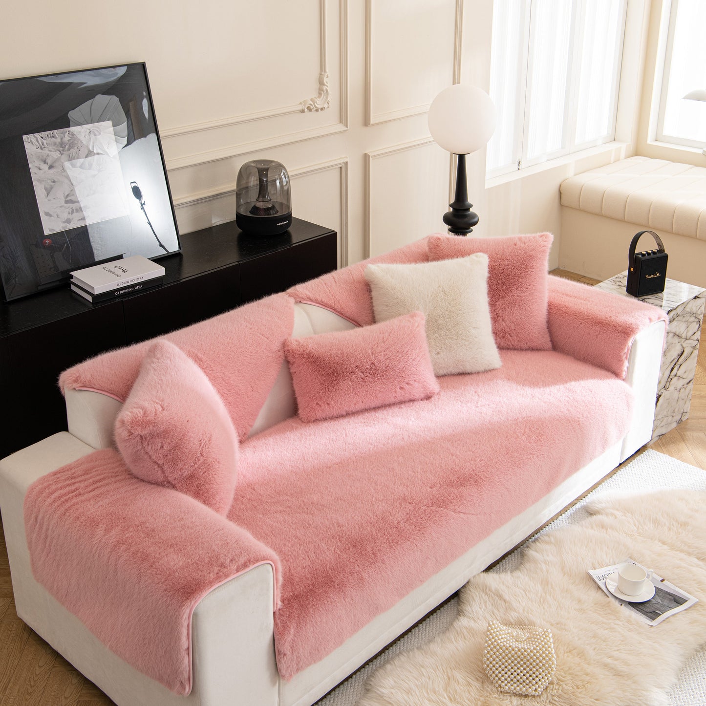 Faux Mink Velvet Luxury Fluffy Sofa Cushion, Winter Warm Thick Plush Non-slip Sofa Covers in a stylish living room setting
