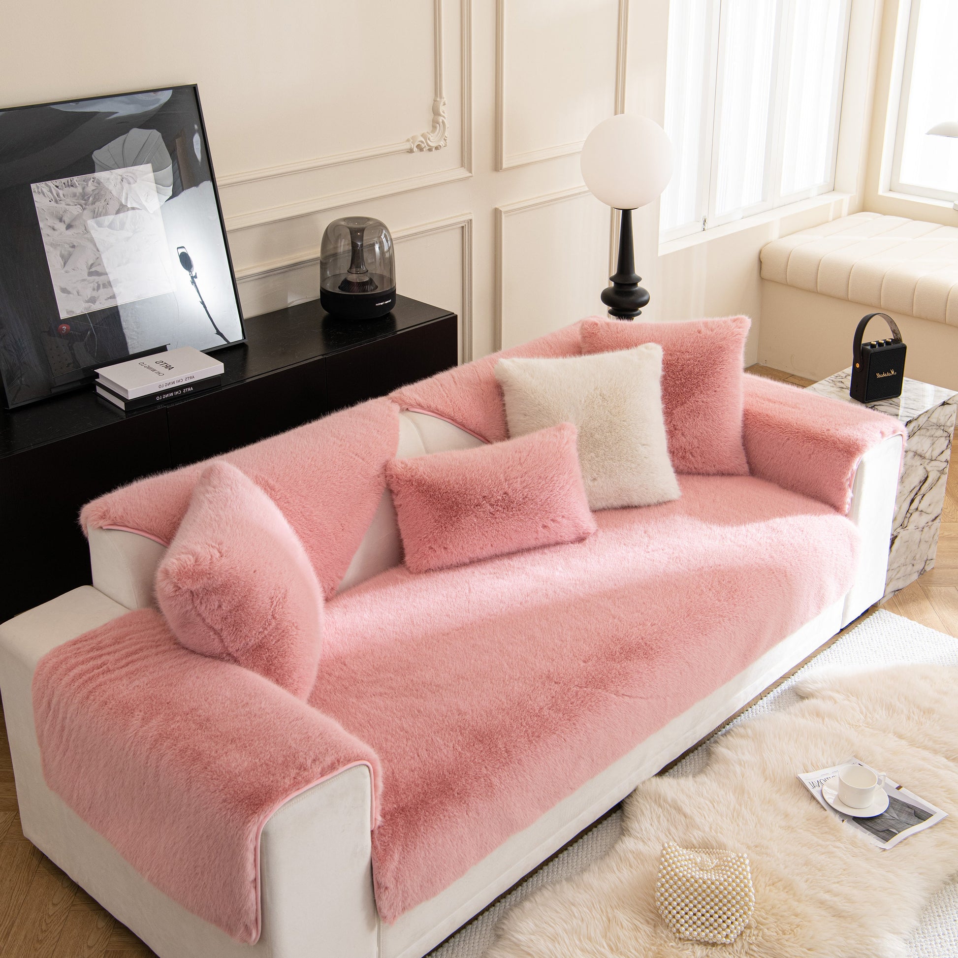 Faux Mink Velvet Luxury Fluffy Sofa Cushion, Winter Warm Thick Plush Non-slip Sofa Covers in a stylish living room setting