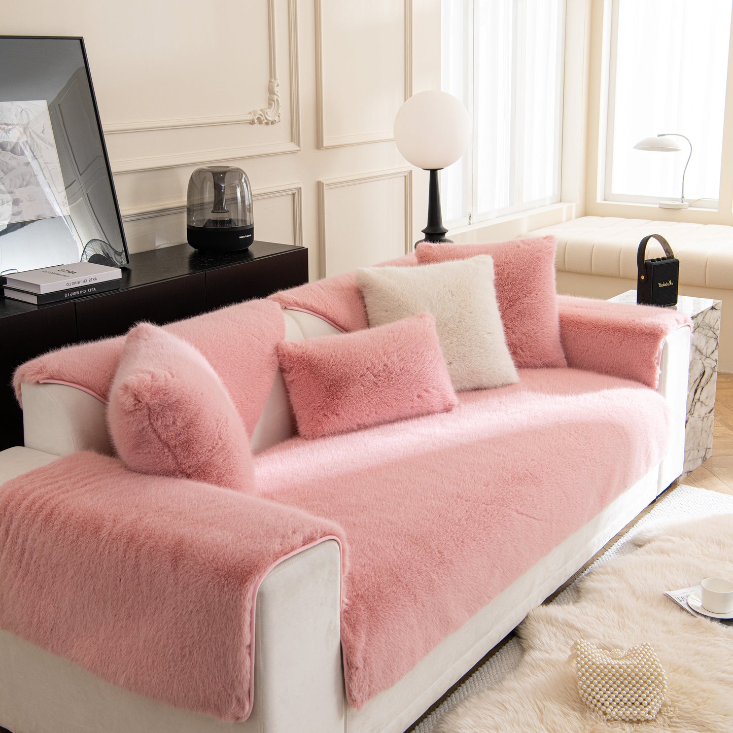 Faux Mink Velvet Luxury Fluffy Sofa Cushion, Winter Warm Thick Plush Non-slip Sofa Covers in pink on white sofa.