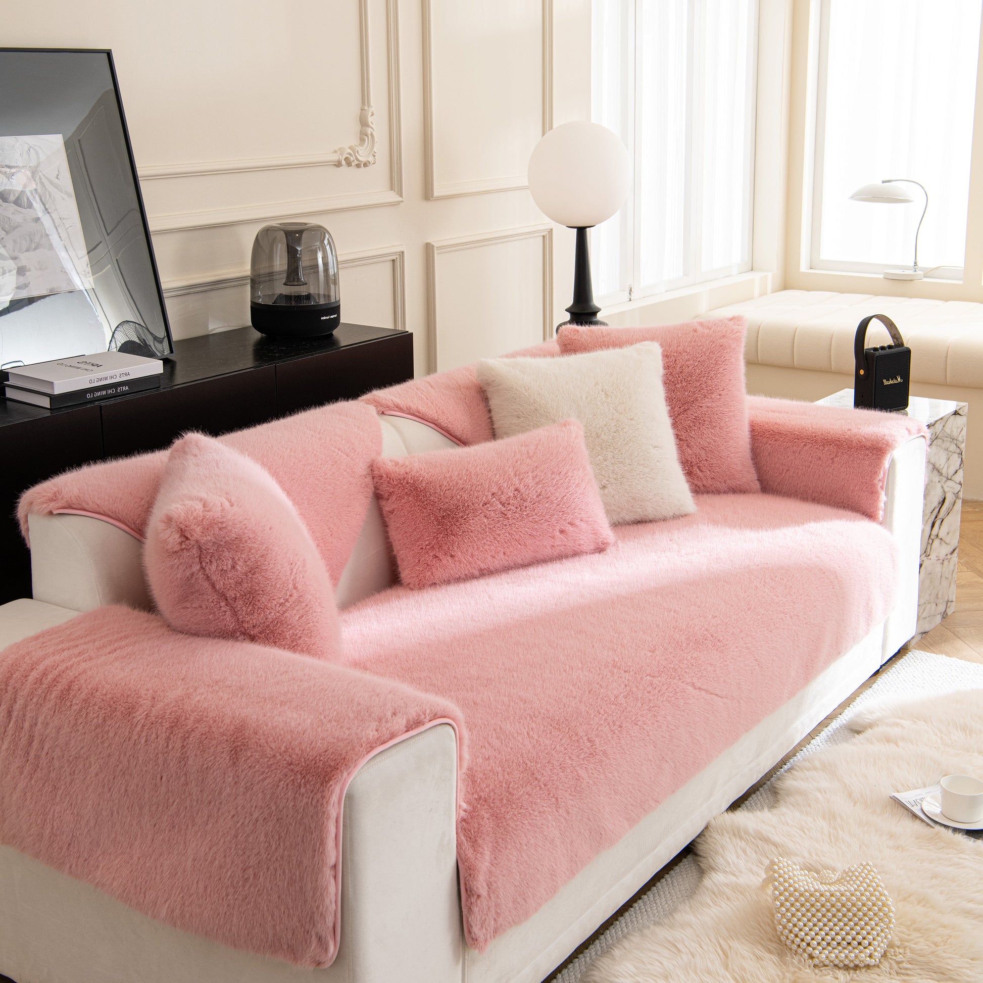 Faux Mink Velvet Luxury Fluffy Sofa Cushion, Winter Warm Thick Plush Non-slip Sofa Covers in pink on white sofa.