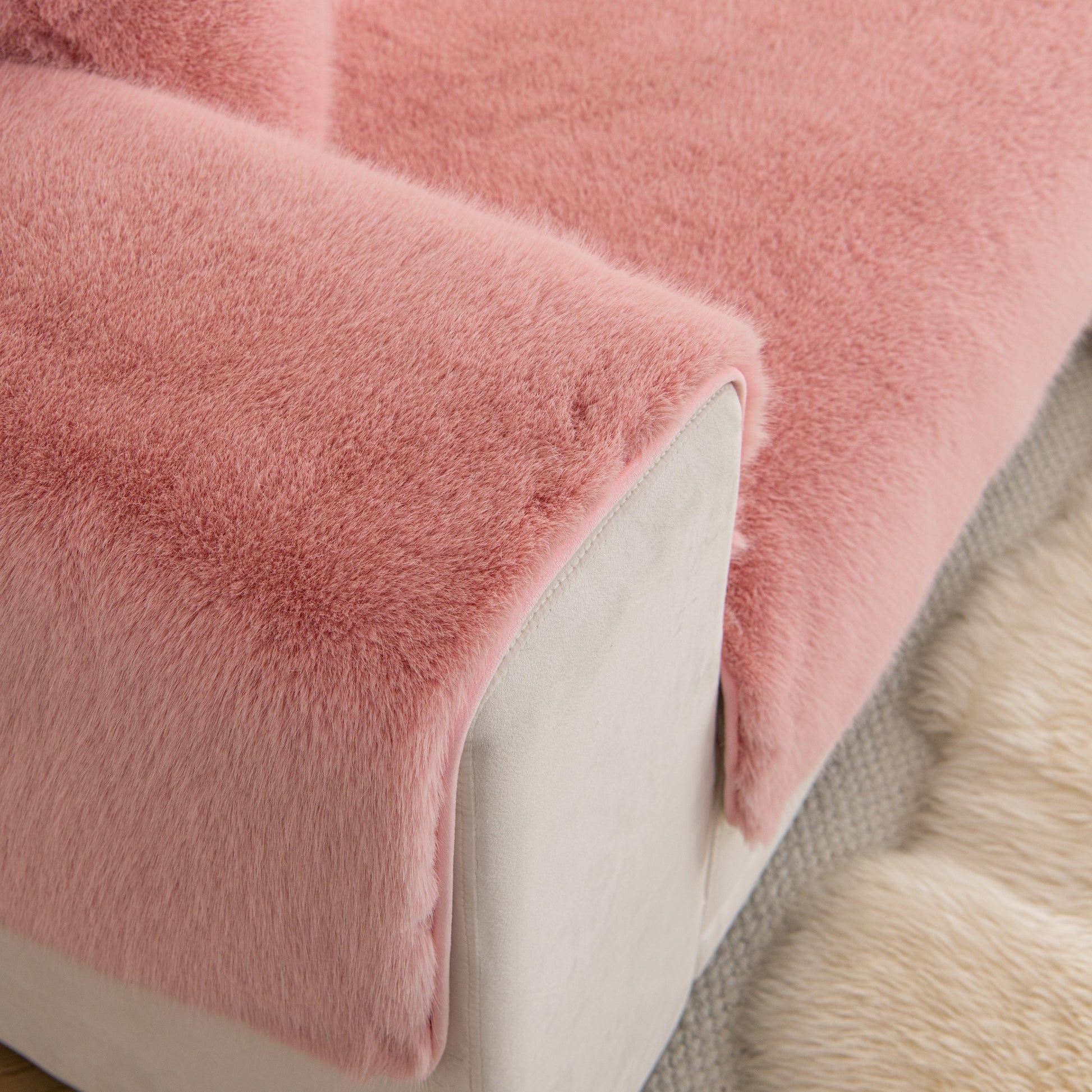 Faux Mink Velvet Luxury Fluffy Sofa Cushion, Winter Warm Thick Plush Non-slip Sofa Covers in pink on sofa arm