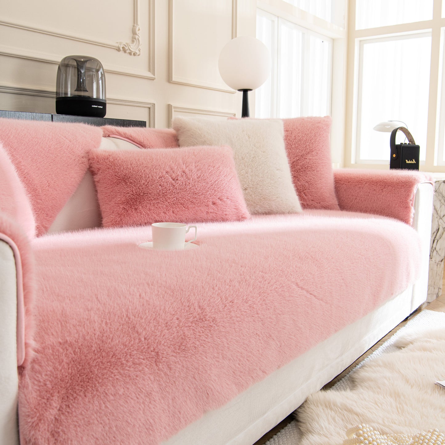 Faux Mink Velvet Luxury Fluffy Sofa Cushion, Winter Warm Thick Plush Non-slip Sofa Covers in pink on a modern white couch