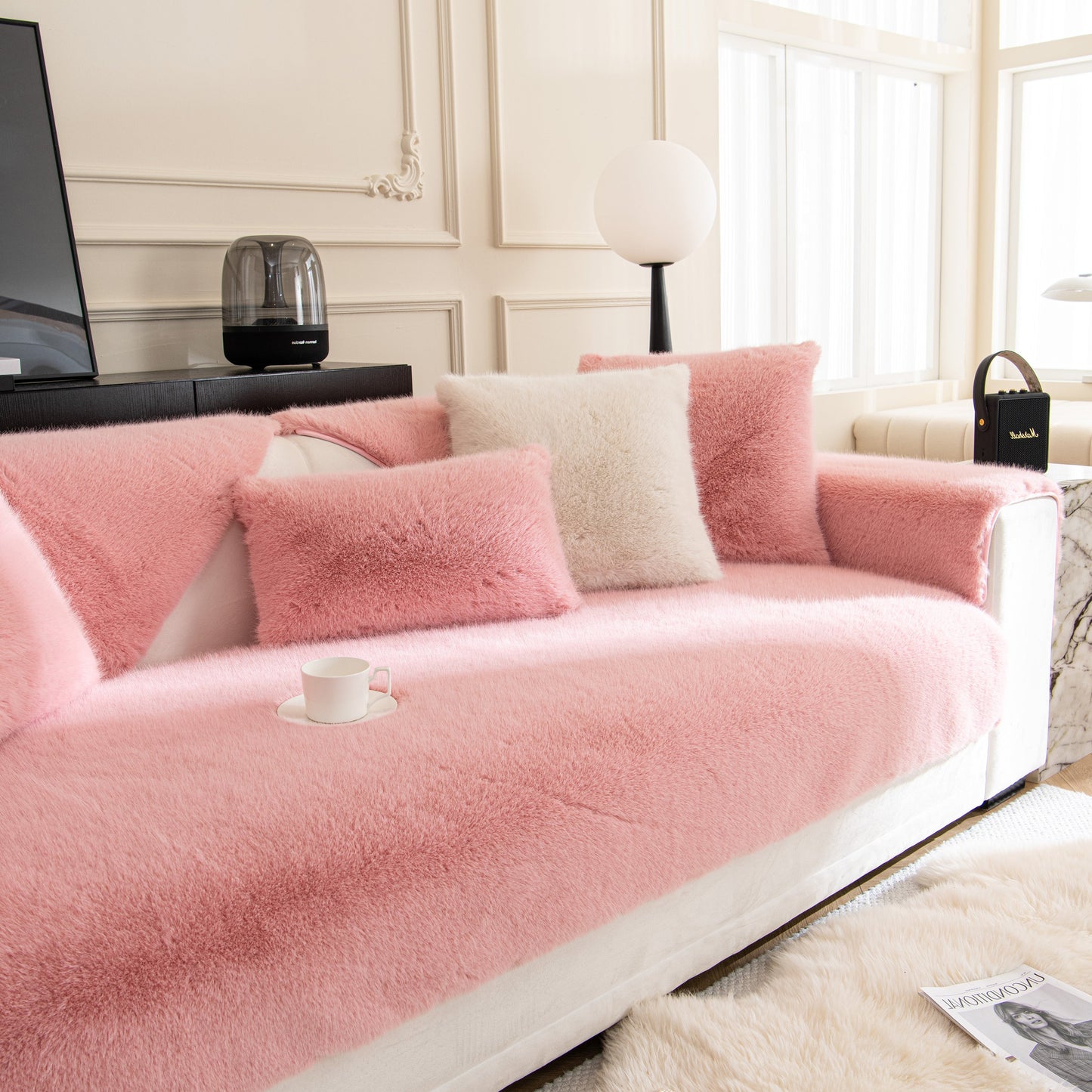 Faux Mink Velvet Luxury Fluffy Sofa Cushion, Winter Warm Thick Plush Non-slip Sofa Covers in a stylish living room setting.
