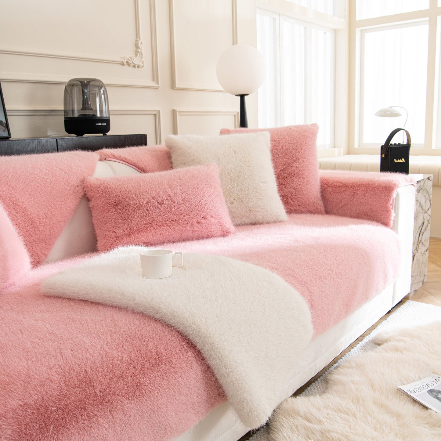 Faux Mink Velvet Luxury Fluffy Sofa Cushion, Winter Warm Thick Plush Non-slip Sofa Covers in pink on a modern sofa.