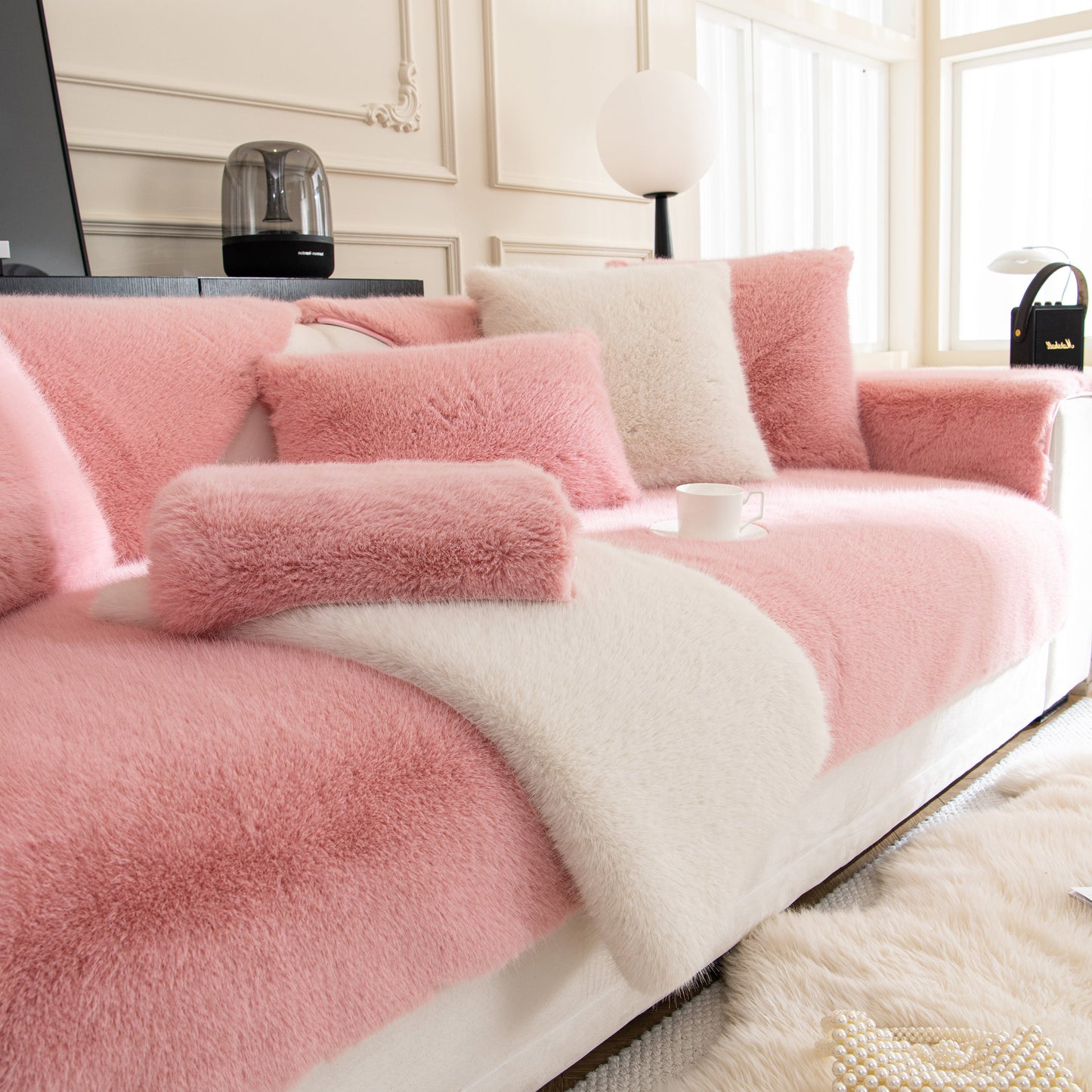 Faux Mink Velvet Luxury Fluffy Sofa Cushion, Winter Warm Thick Plush Non-slip Sofa Covers in a stylish living room.