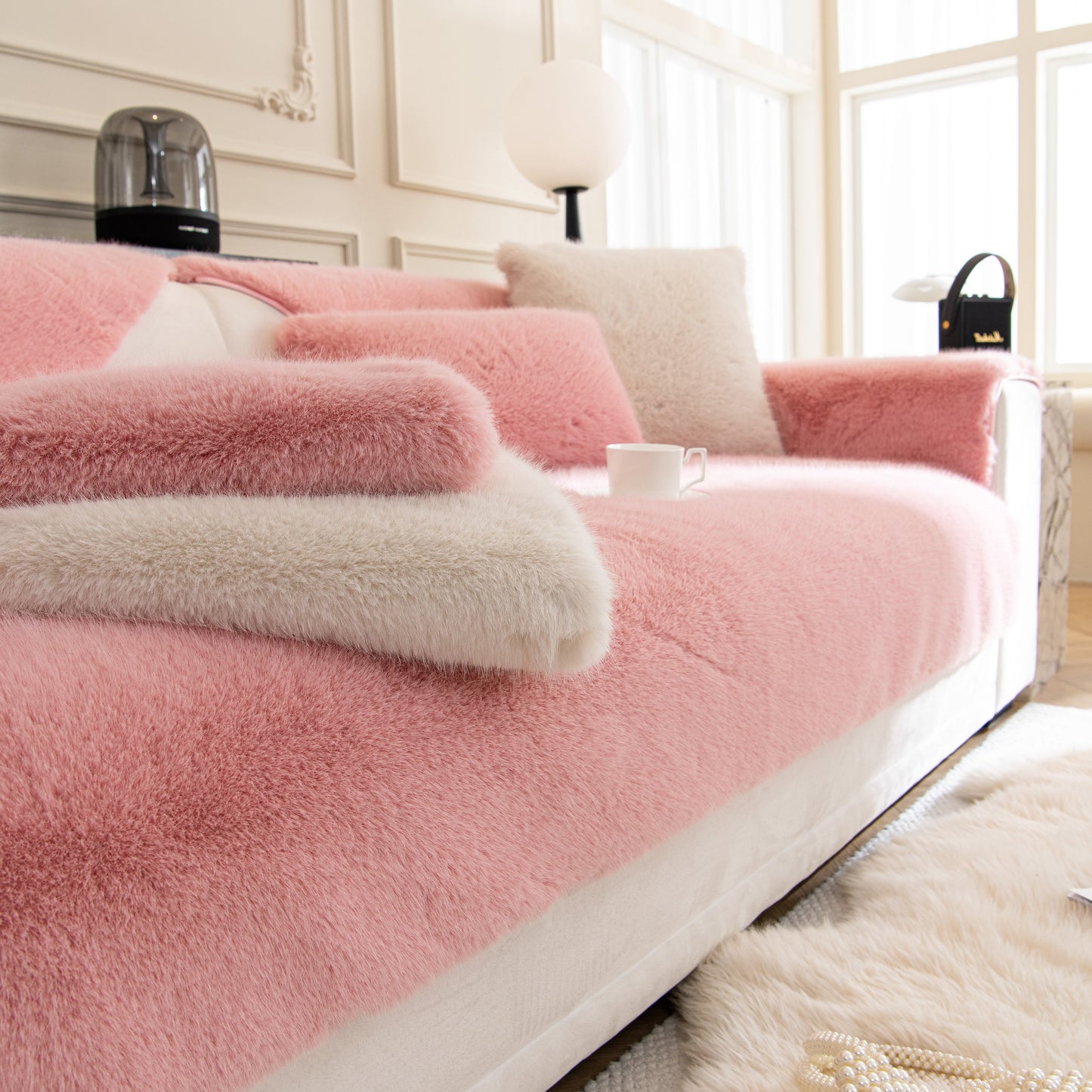 Faux Mink Velvet Luxury Fluffy Sofa Cushion, Winter Warm Thick Plush Non-slip Sofa Covers in a stylish living room setting