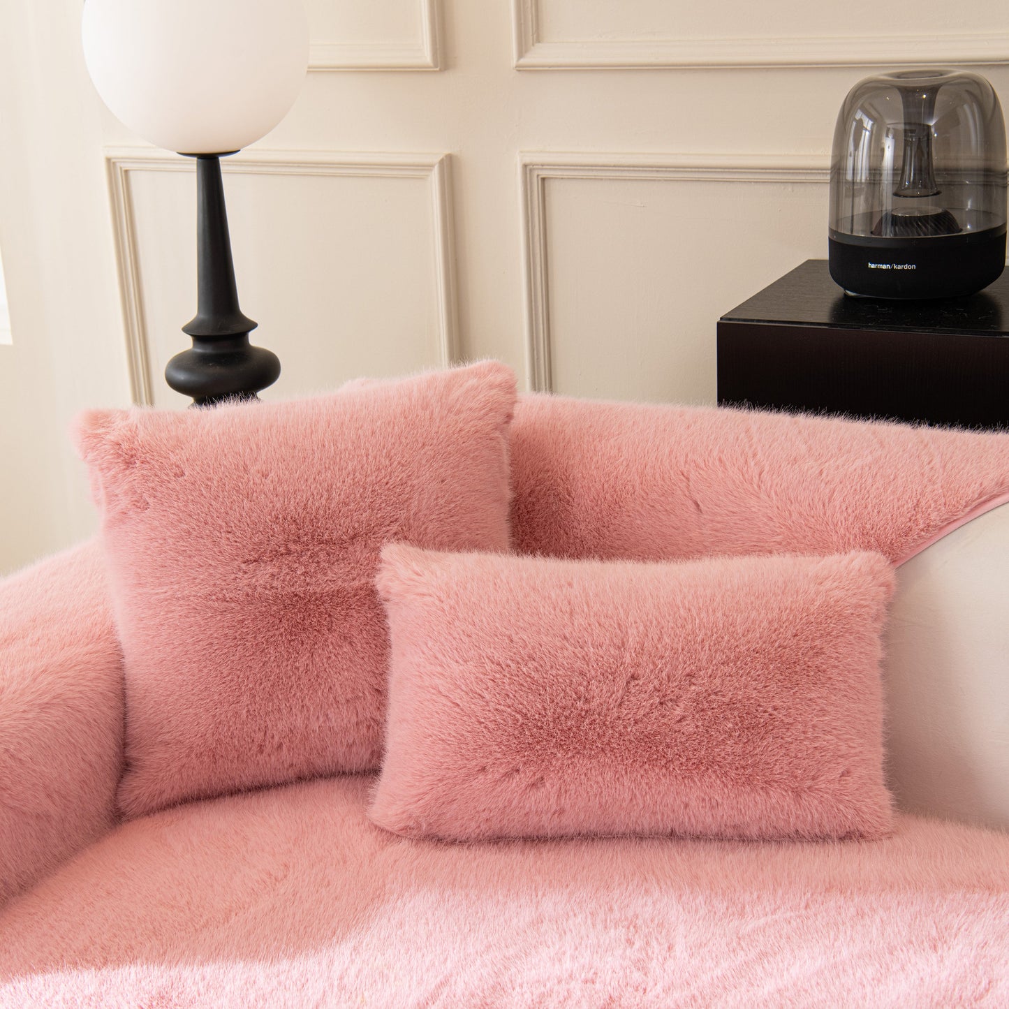 Faux Mink Velvet Luxury Fluffy Sofa Cushion, Winter Warm Thick Plush Non-slip Sofa Covers in pink on a sofa.