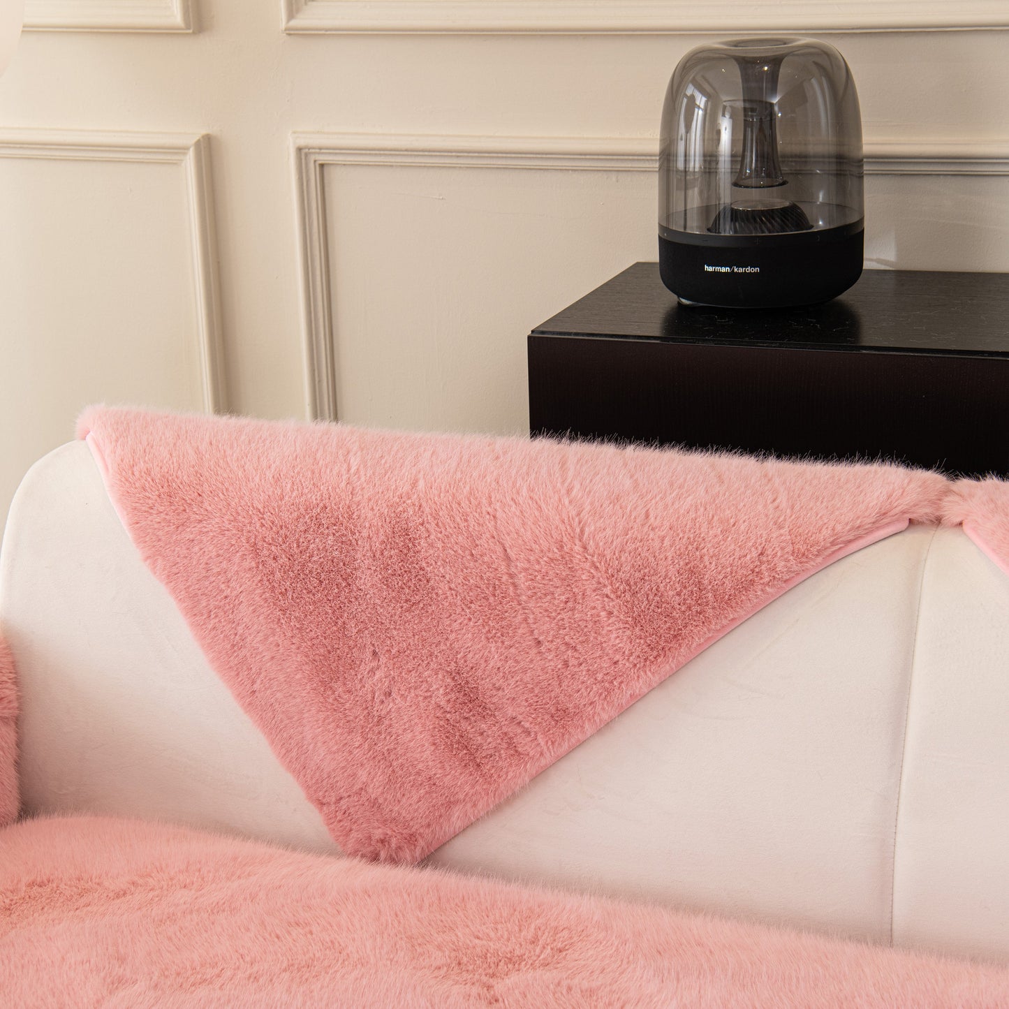Faux Mink Velvet Luxury Fluffy Sofa Cushion, Winter Warm Thick Plush Non-slip Sofa Covers in pink on a white couch