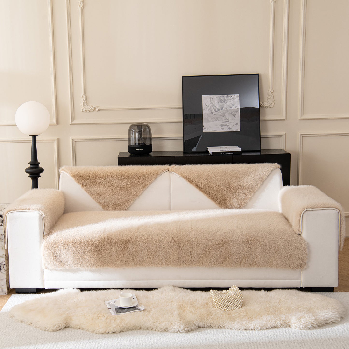 Faux Mink Velvet Luxury Fluffy Sofa Cushion, Winter Warm Thick Plush Non-slip Sofa Covers on elegant white sofa in stylish room