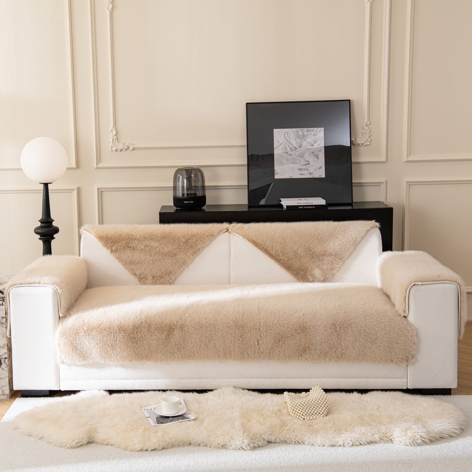 Faux Mink Velvet Luxury Fluffy Sofa Cushion, Winter Warm Thick Plush Non-slip Sofa Covers on elegant white sofa in stylish room