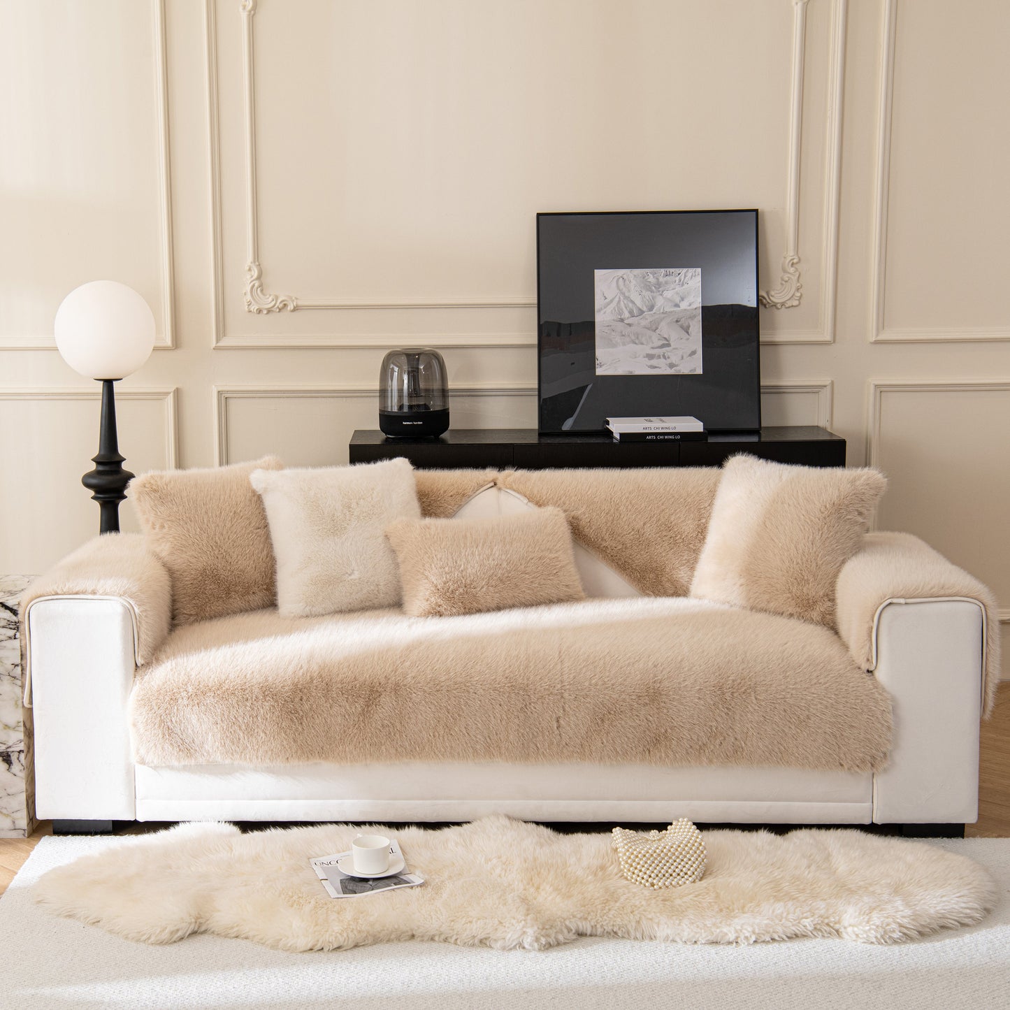 Faux Mink Velvet Luxury Fluffy Sofa Cushion, Winter Warm Thick Plush Non-slip Sofa Covers on stylish white sofa with pillows.
