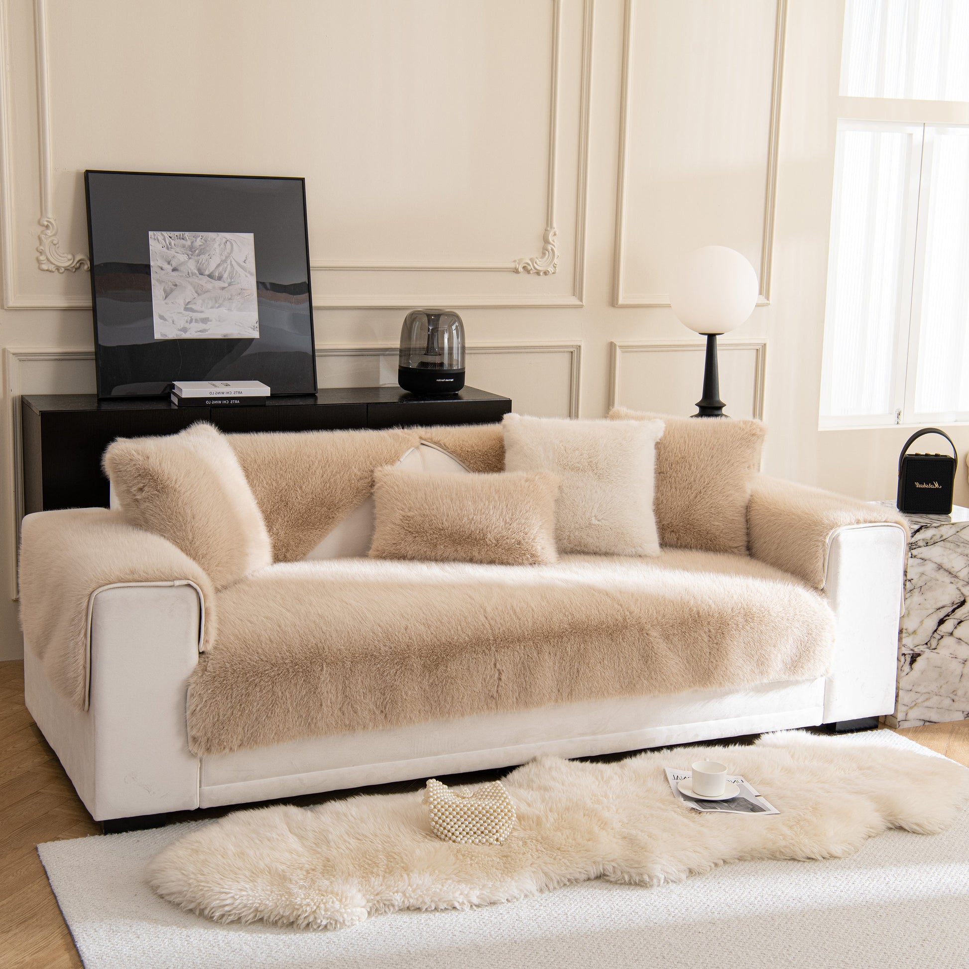 Faux Mink Velvet Luxury Fluffy Sofa Cushion, Winter Warm Thick Plush Non-slip Sofa Covers on stylish modern couch