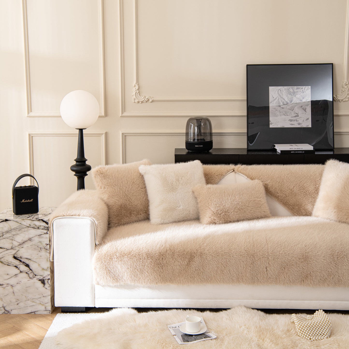 Luxuriously decorated living room with Faux Mink Velvet Luxury Fluffy Sofa Cushion, Winter Warm Thick Plush Non-slip Sofa Covers.
