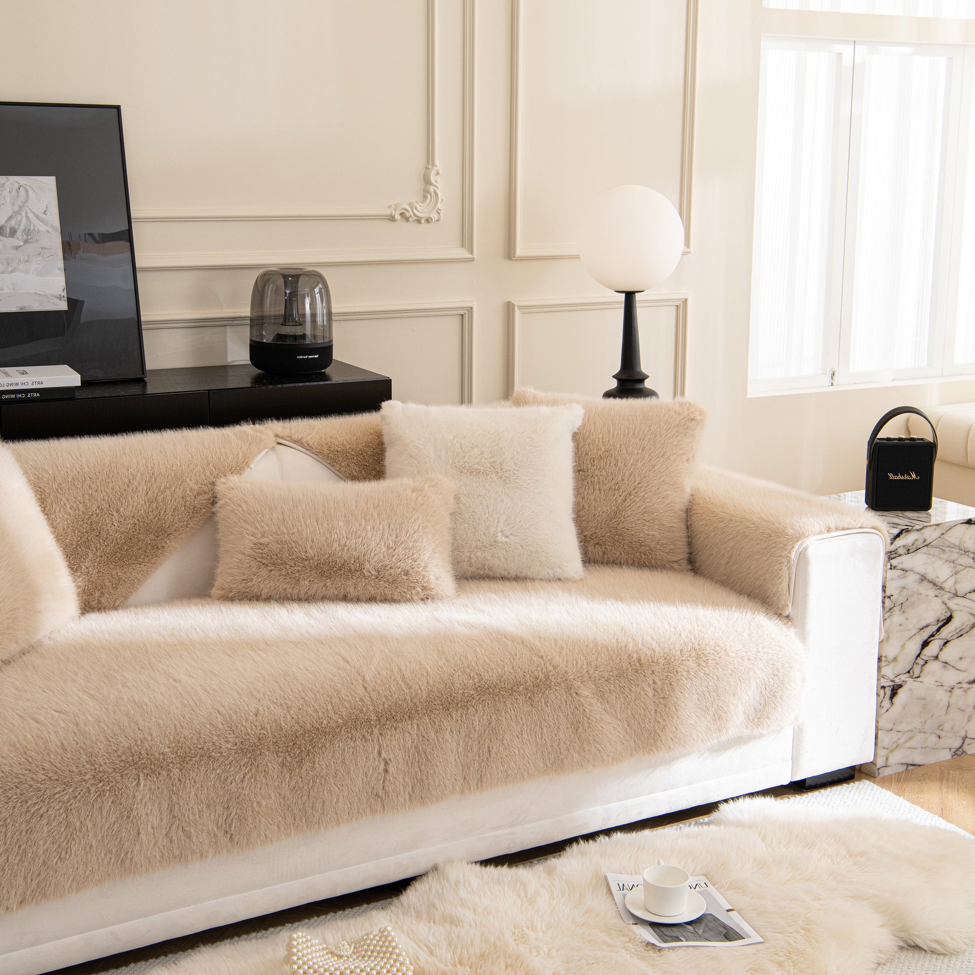 Faux Mink Velvet Luxury Fluffy Sofa Cushion, Winter Warm Thick Plush Non-slip Sofa Covers on beige sofa in elegant living room