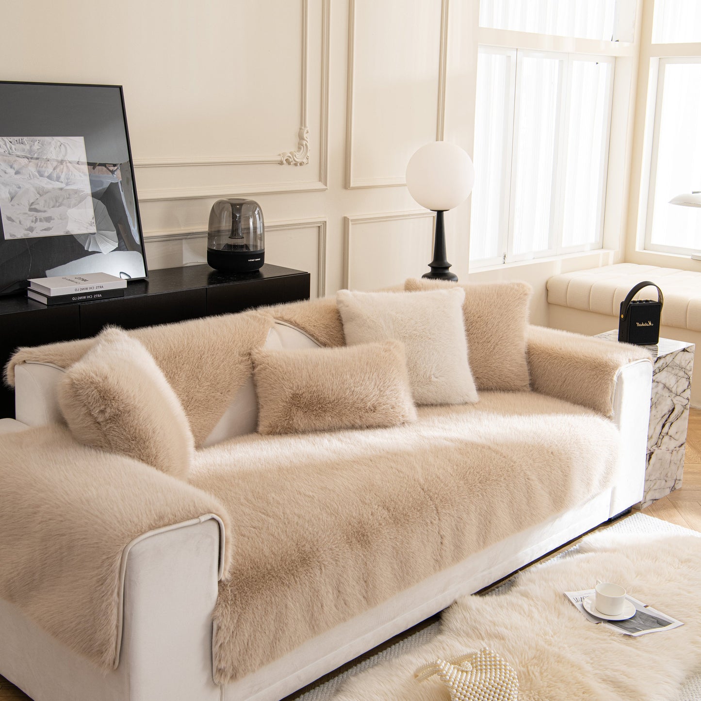 Luxury living room with Faux Mink Velvet Luxury Fluffy Sofa Cushion, winter warm thick plush non-slip sofa covers on white couch.