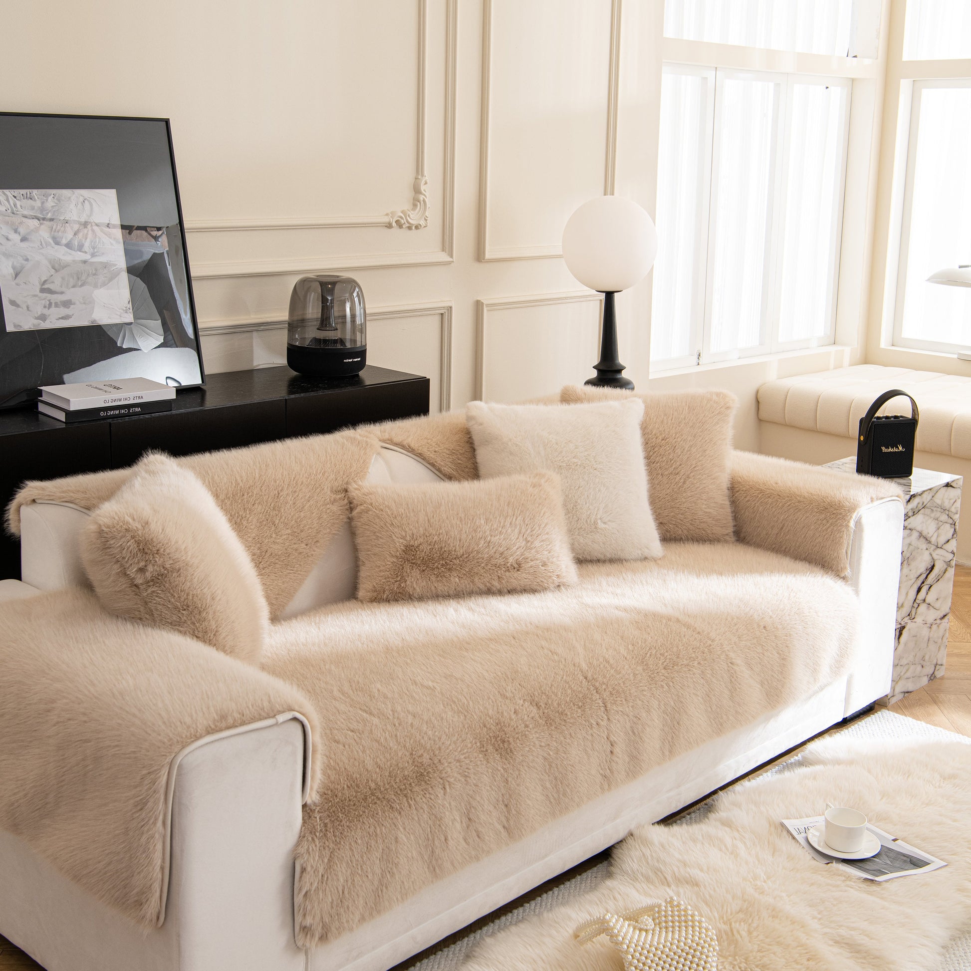 Luxury living room with Faux Mink Velvet Luxury Fluffy Sofa Cushion, winter warm thick plush non-slip sofa covers on white couch.