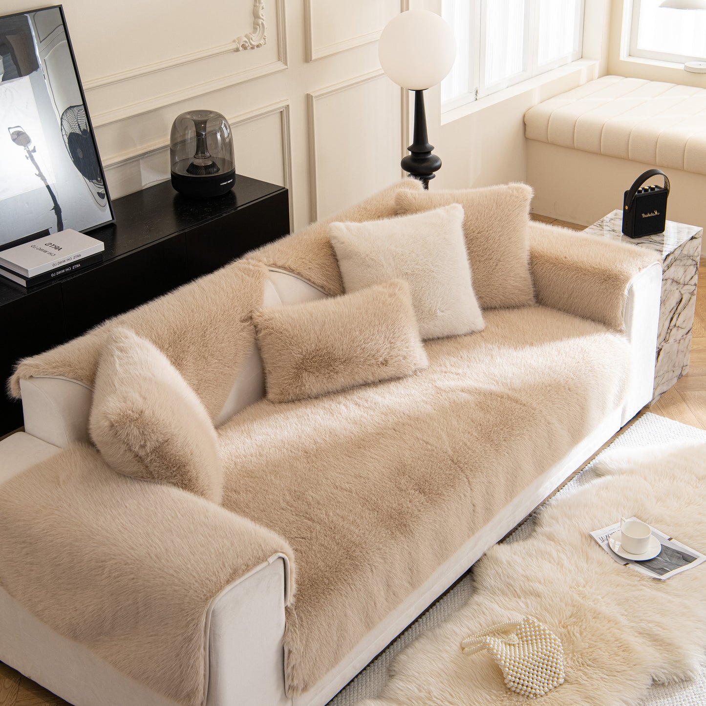 Faux Mink Velvet Luxury Fluffy Sofa Cushion, Winter Warm Thick Plush Non-slip Sofa Covers on elegant beige sofa.