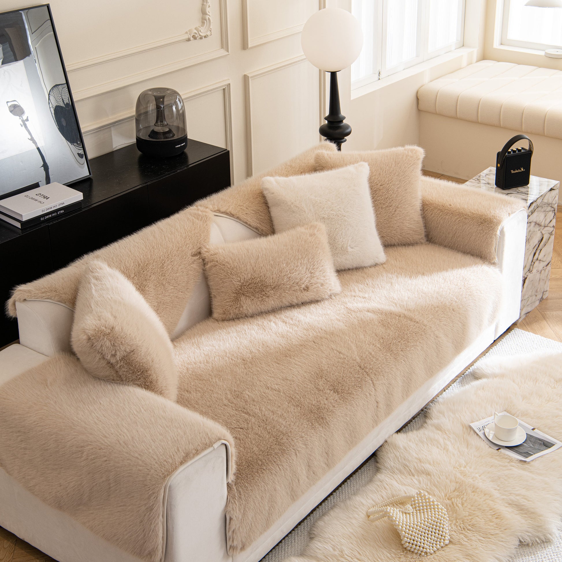 Faux Mink Velvet Luxury Fluffy Sofa Cushion, Winter Warm Thick Plush Non-slip Sofa Covers on elegant beige sofa.