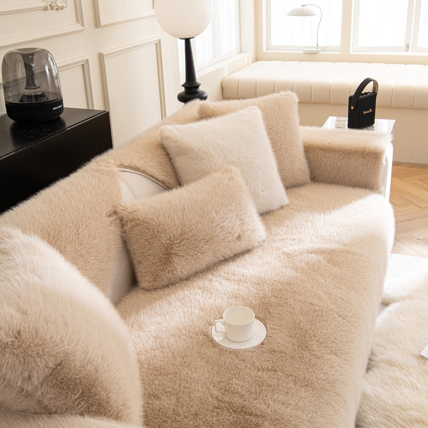 Faux Mink Velvet Luxury Fluffy Sofa Cushion, Winter Warm Thick Plush Non-slip Sofa Covers on elegant sofa setting.