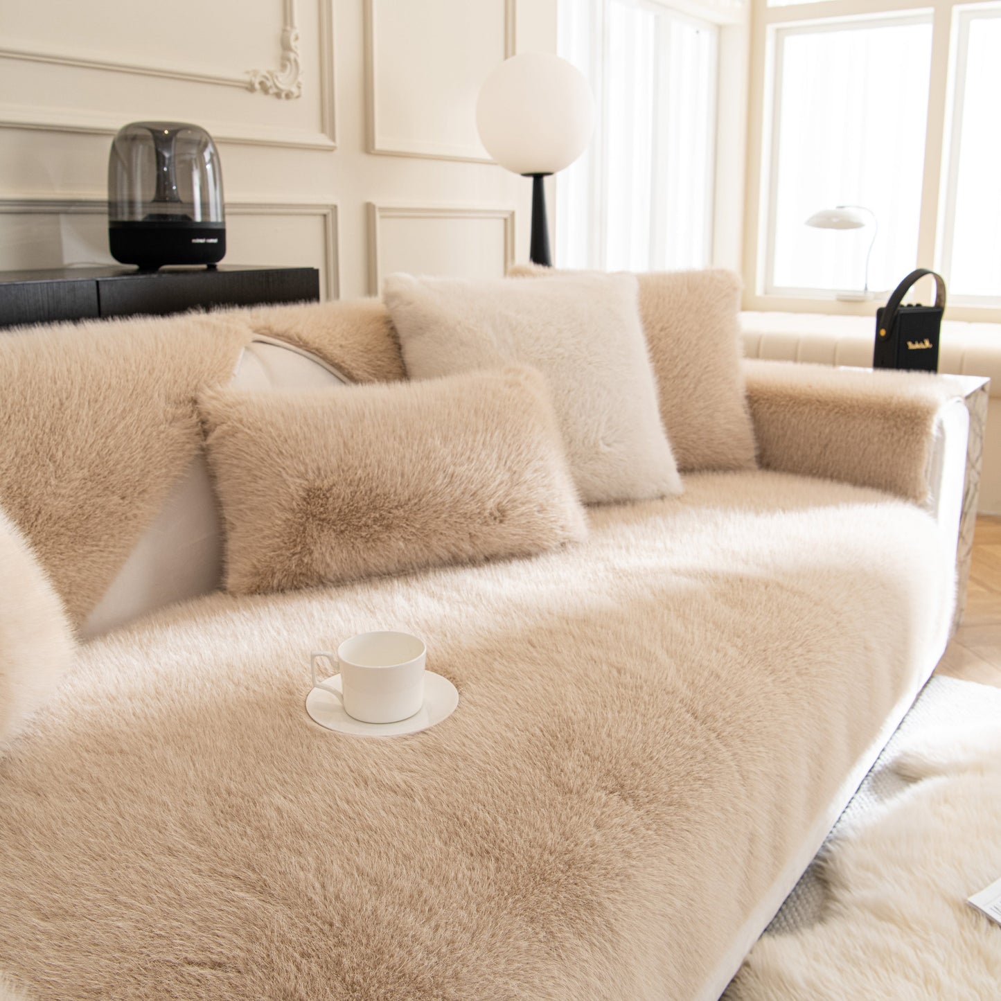Luxurious Faux Mink Velvet Luxury Fluffy Sofa Cushion, Winter Warm Thick Plush Non-slip Sofa Covers on a stylish sofa.