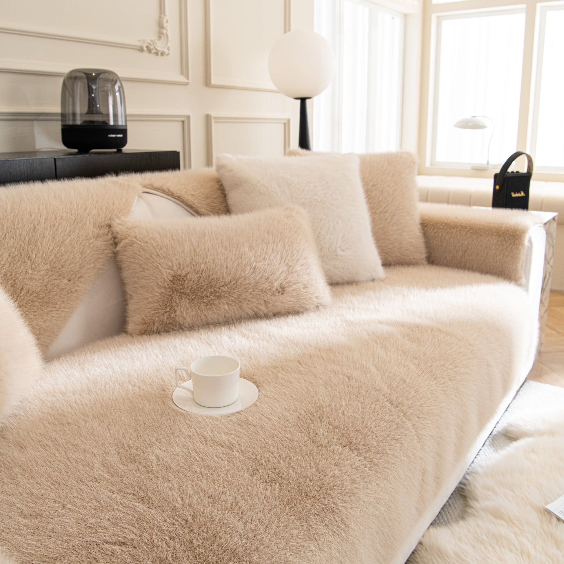 Luxurious Faux Mink Velvet Luxury Fluffy Sofa Cushion, Winter Warm Thick Plush Non-slip Sofa Covers on a stylish sofa.