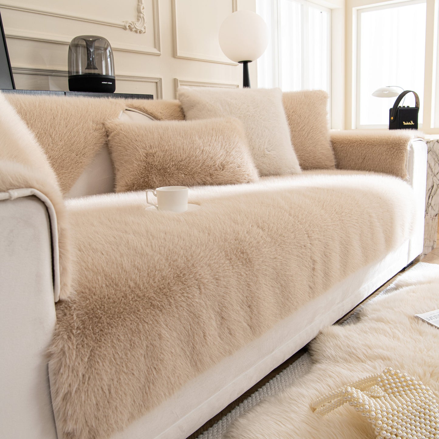 Faux Mink Velvet Luxury Fluffy Sofa Cushion, Winter Warm Thick Plush Non-slip Sofa Covers in a stylish living room setting.