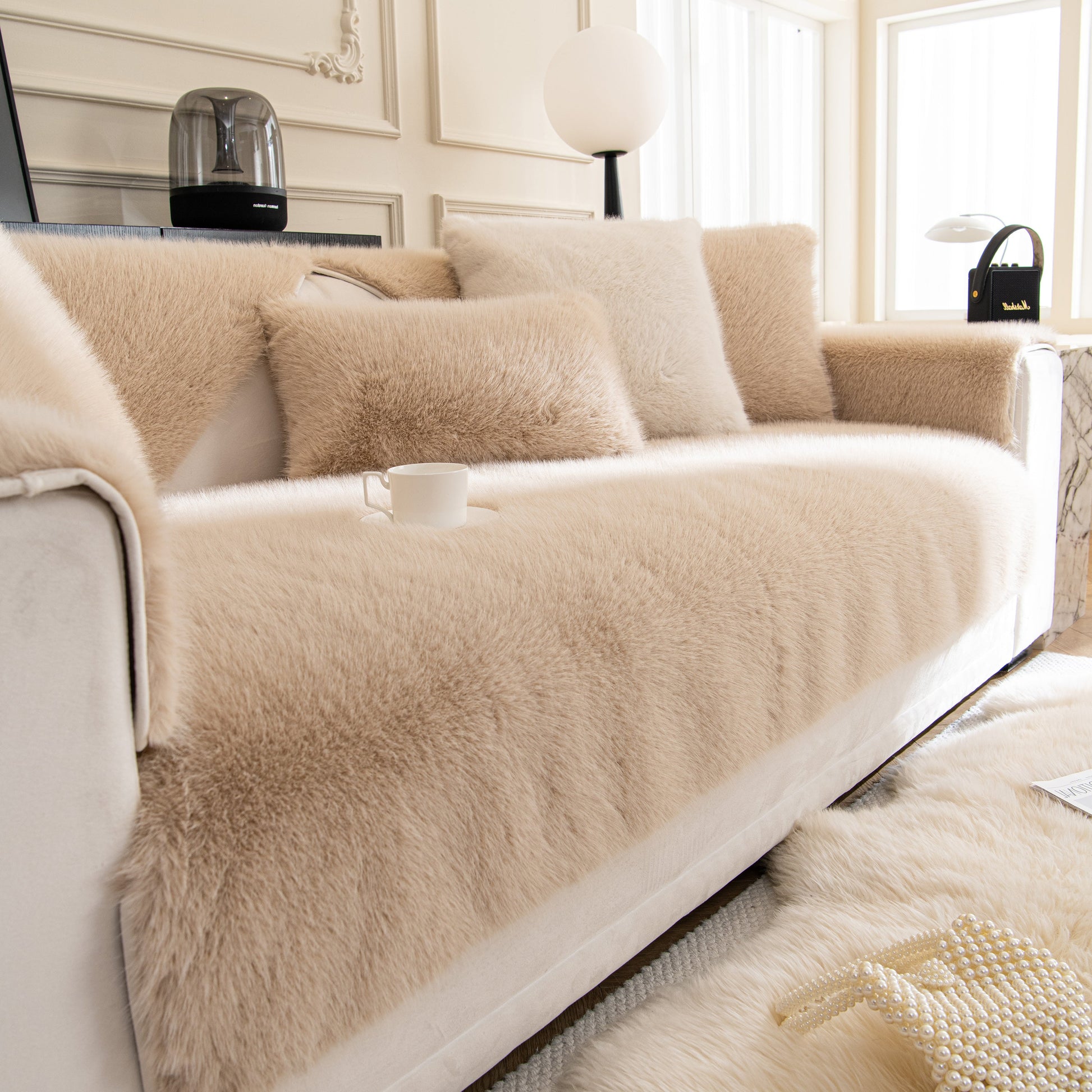 Faux Mink Velvet Luxury Fluffy Sofa Cushion, Winter Warm Thick Plush Non-slip Sofa Covers in a stylish living room setting.