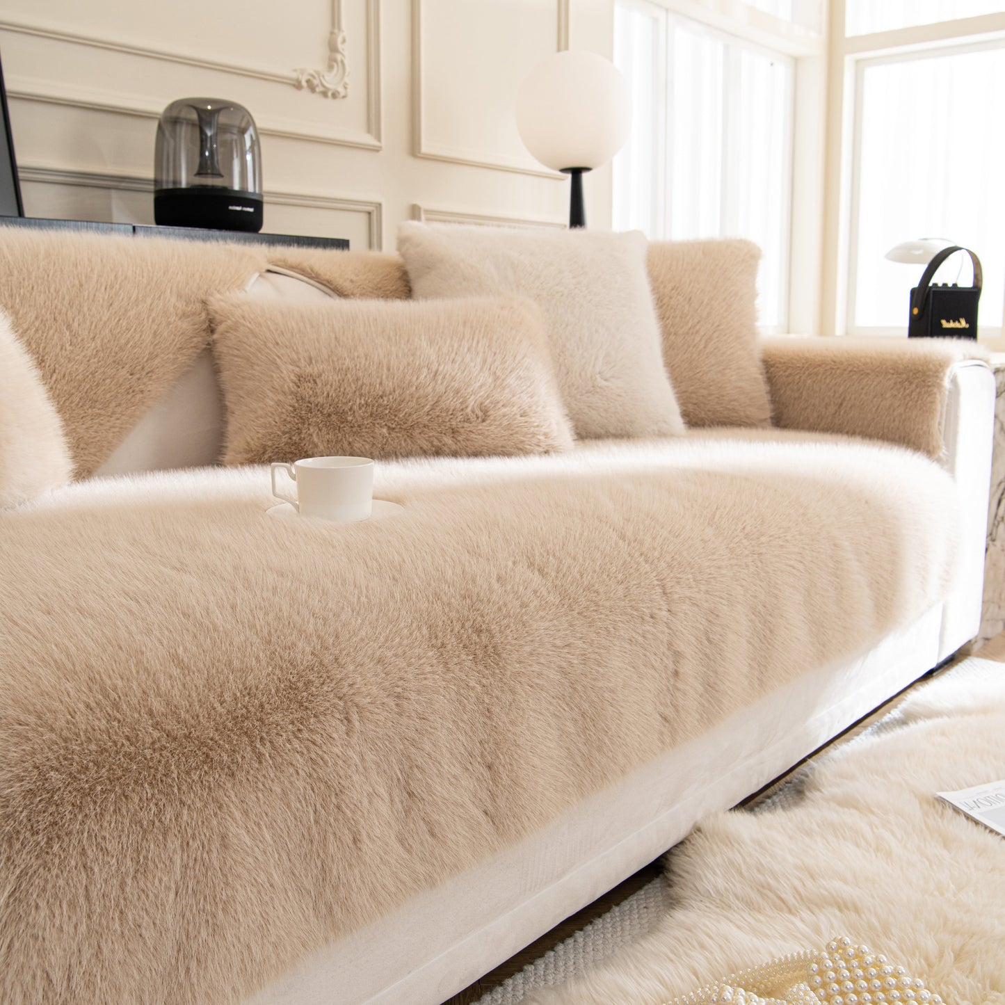 Faux Mink Velvet Luxury Fluffy Sofa Cushion, Winter Warm Thick Plush Non-slip Sofa Covers on a plush cream sofa
