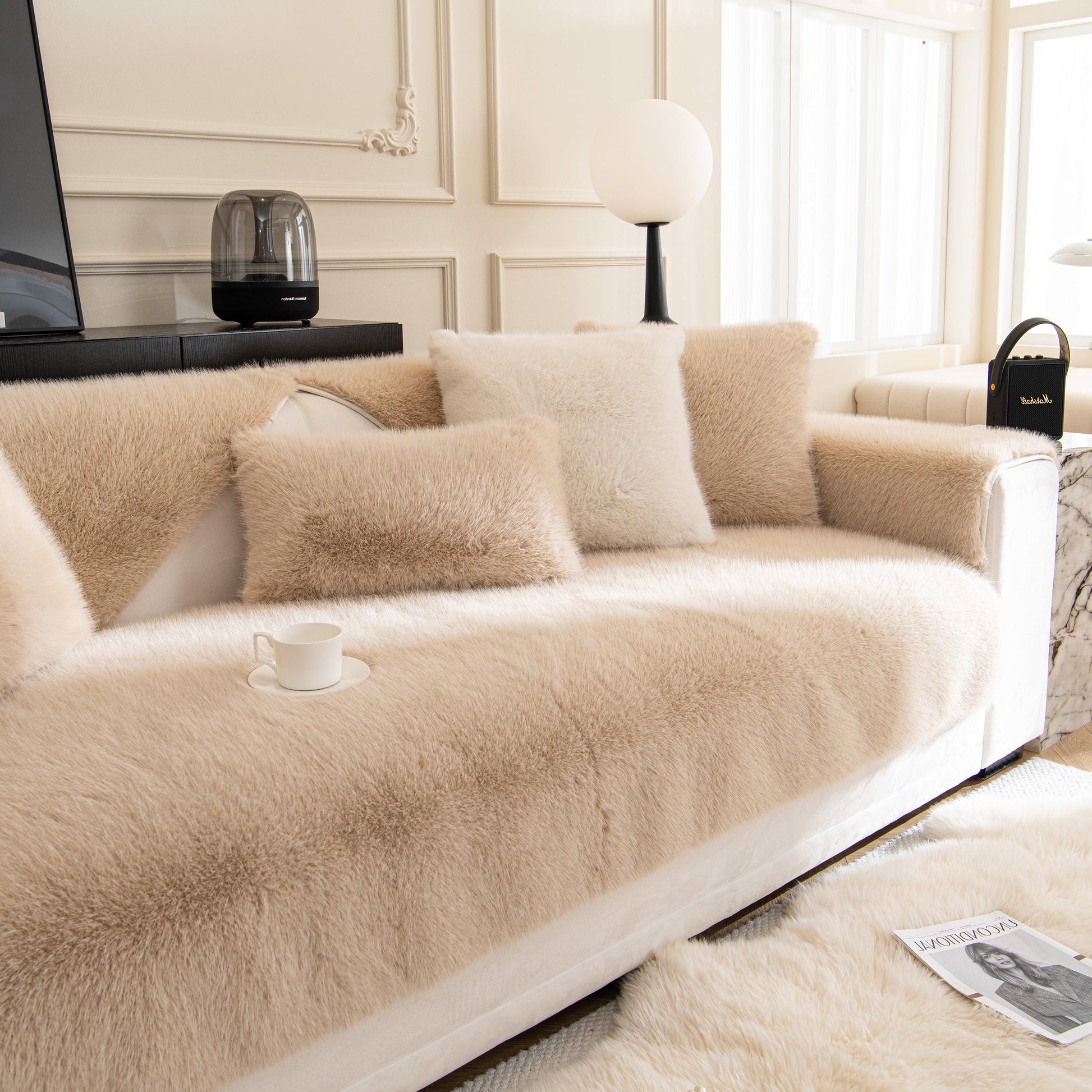 Faux Mink Velvet Luxury Fluffy Sofa Cushion, Winter Warm Thick Plush Non-slip Sofa Covers in elegant living room setting.