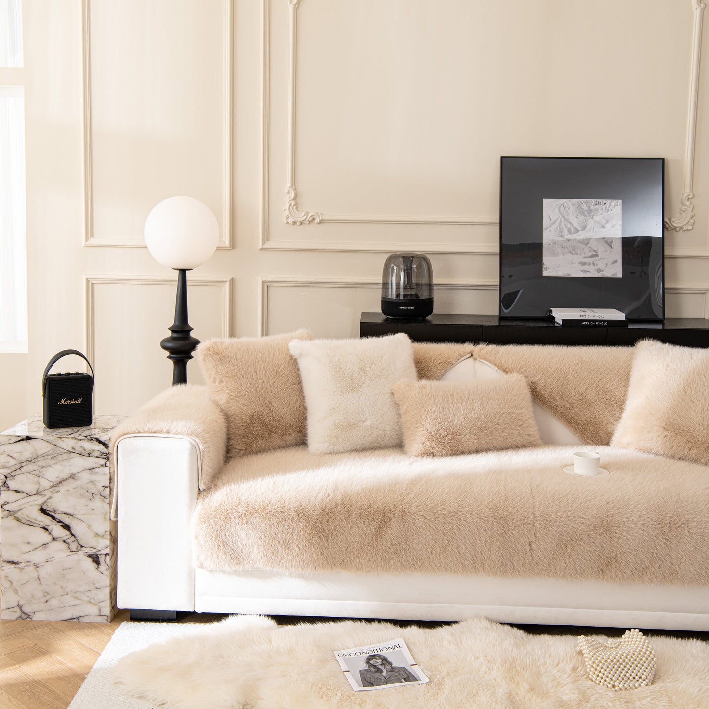 Faux Mink Velvet Luxury Fluffy Sofa Cushion, Winter Warm Thick Plush Non-slip Sofa Covers on elegant living room sofa