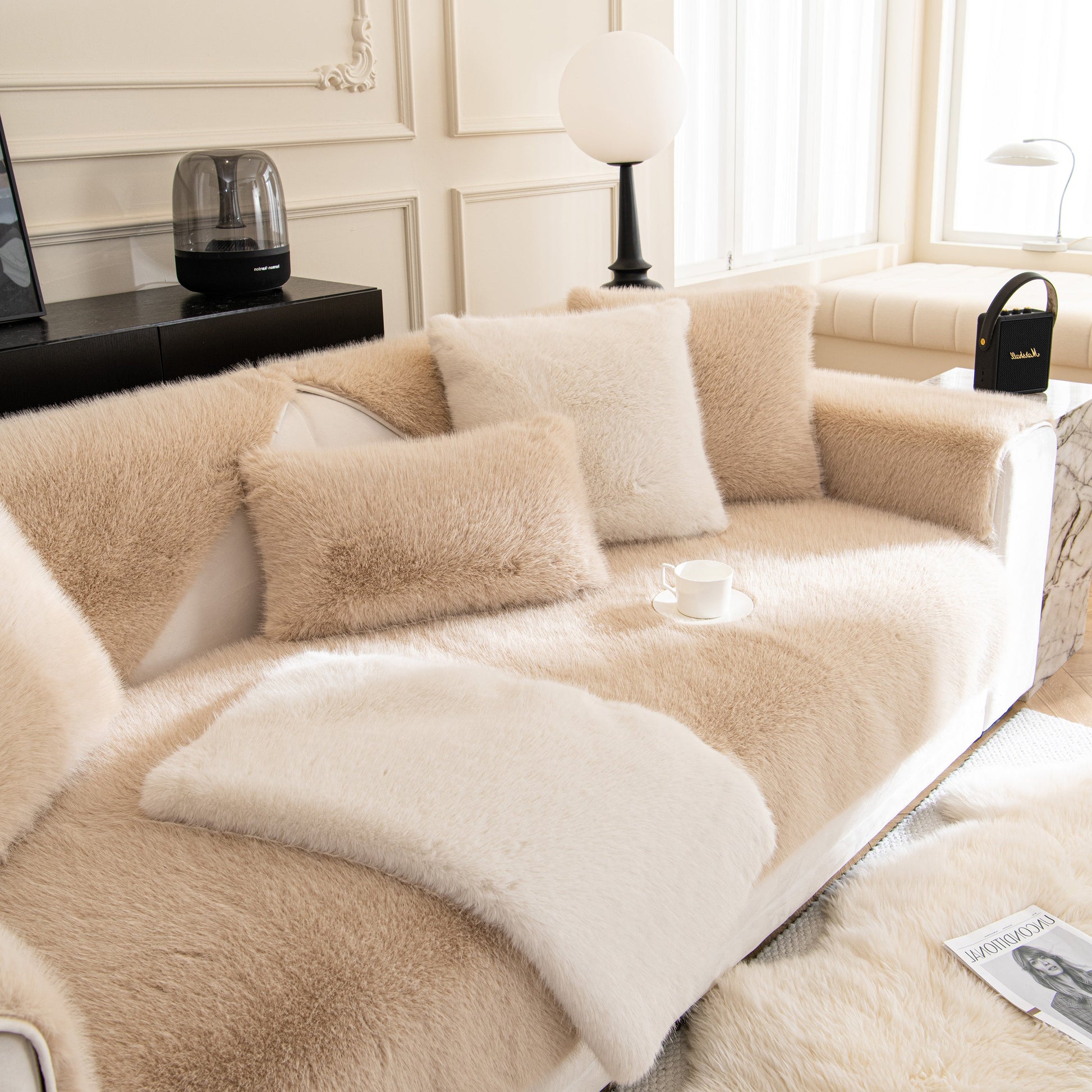 Faux Mink Velvet Luxury Fluffy Sofa Cushion, Winter Warm Thick Plush Non-slip Sofa Covers on a stylish beige sofa