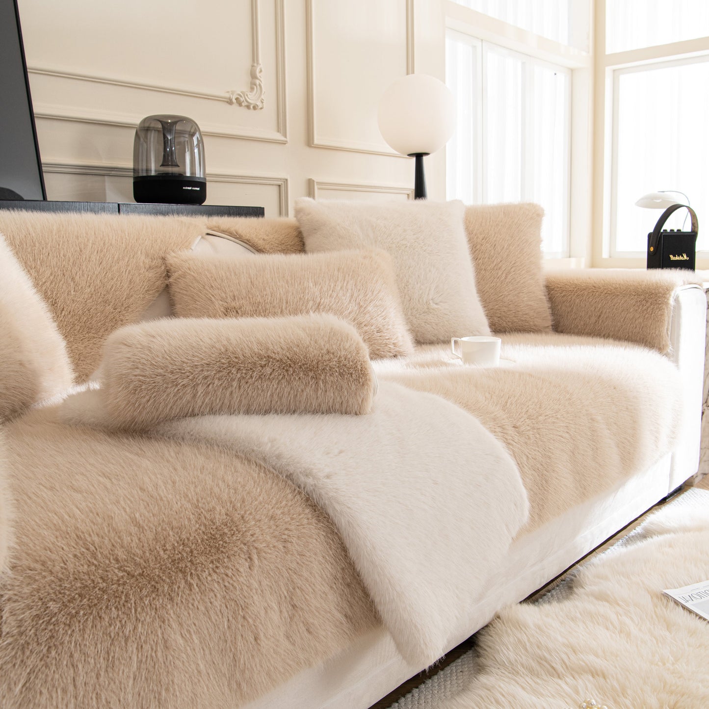 Faux Mink Velvet Luxury Fluffy Sofa Cushion, Winter Warm Thick Plush Non-slip Sofa Covers on a stylish beige sofa in a living room.