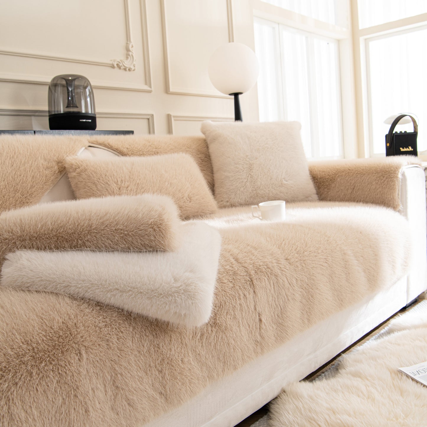 Faux Mink Velvet Luxury Fluffy Sofa Cushion, Winter Warm Thick Plush Non-slip Sofa Covers on a beige sofa
