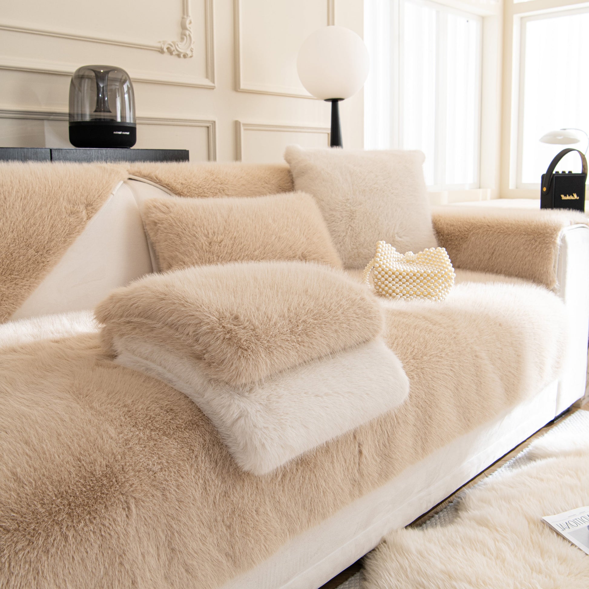 Faux Mink Velvet Luxury Fluffy Sofa Cushion, Winter Warm Thick Plush Non-slip Sofa Covers on stylish living room sofa.