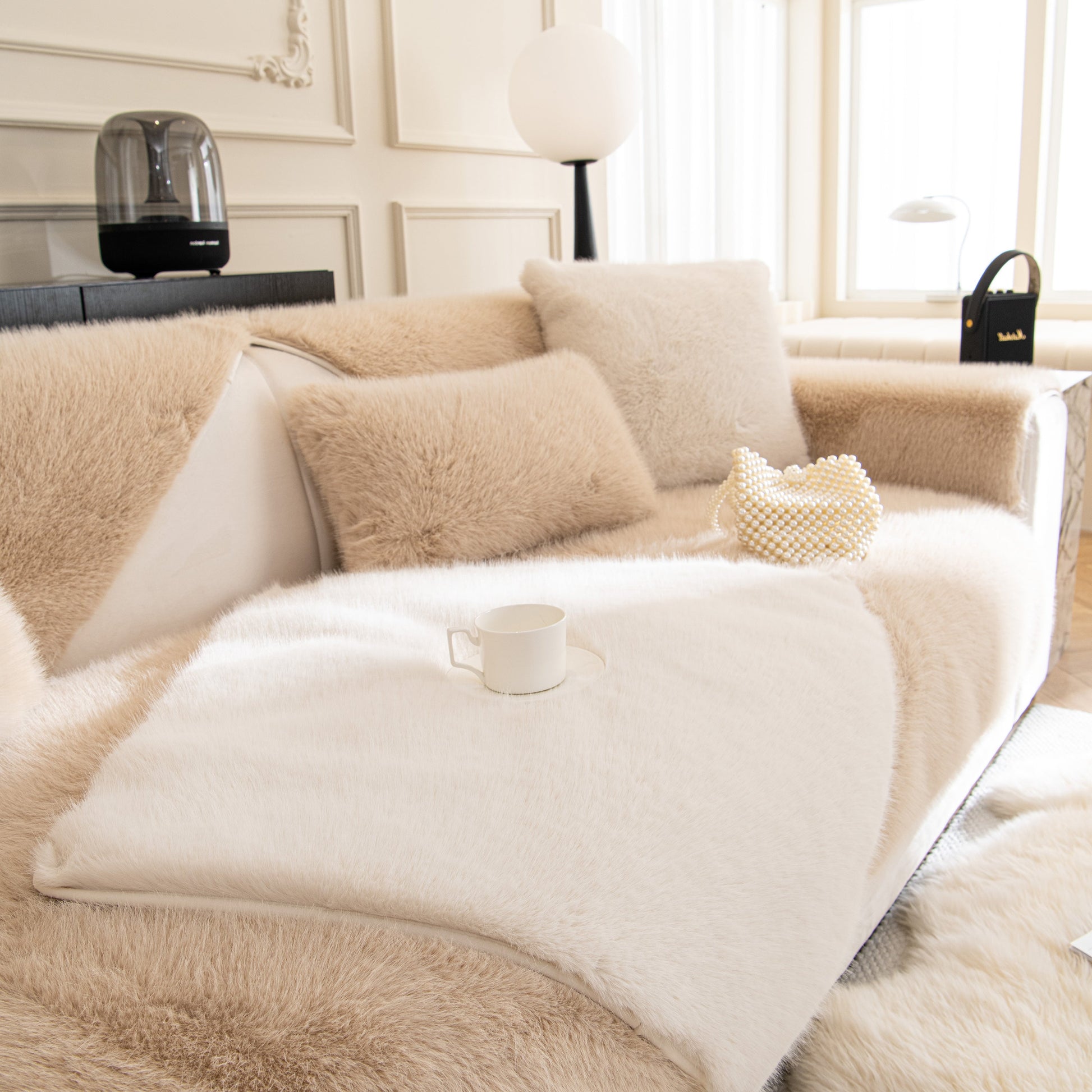Faux Mink Velvet Luxury Fluffy Sofa Cushion, Winter Warm Thick Plush Non-slip Sofa Covers in a cozy living room setting