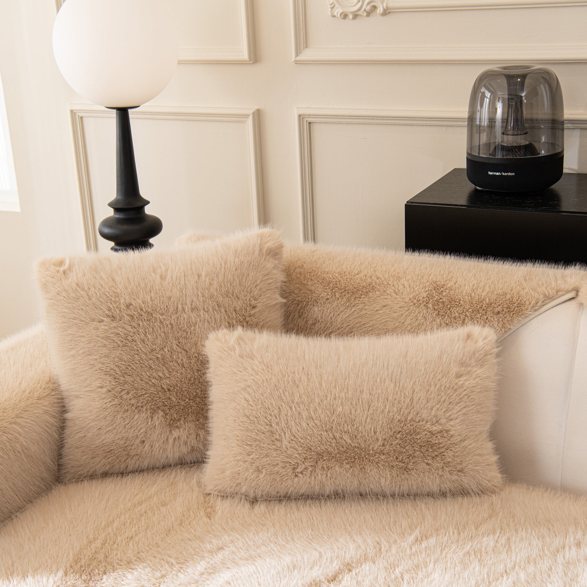 Faux Mink Velvet Luxury Fluffy Sofa Cushion, Winter Warm Thick Plush Non-slip Sofa Covers in a stylish room setting.