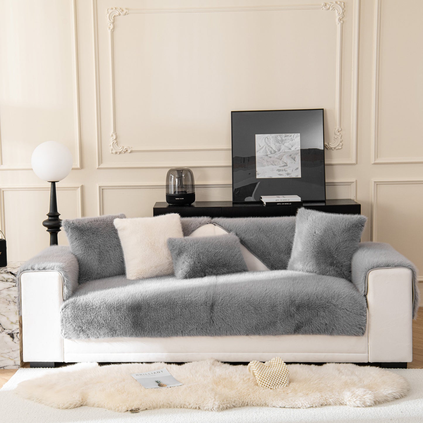 Faux Mink Velvet Luxury Fluffy Sofa Cushion, Winter Warm Thick Plush Non-slip Sofa Covers on a modern sofa in an elegant living room.