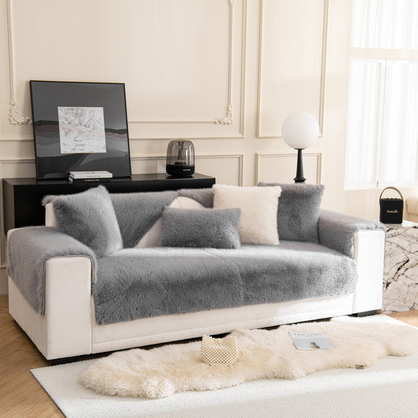 Faux Mink Velvet Luxury Fluffy Sofa Cushion, Winter Warm Thick Plush Non-slip Sofa Covers on a stylish sofa in a cozy living room.