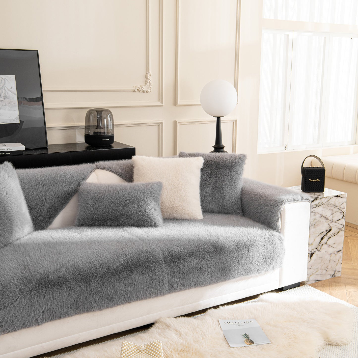 Faux Mink Velvet Luxury Fluffy Sofa Cushion, Winter Warm Thick Plush Non-slip Sofa Covers on stylish grey couch in elegant living room