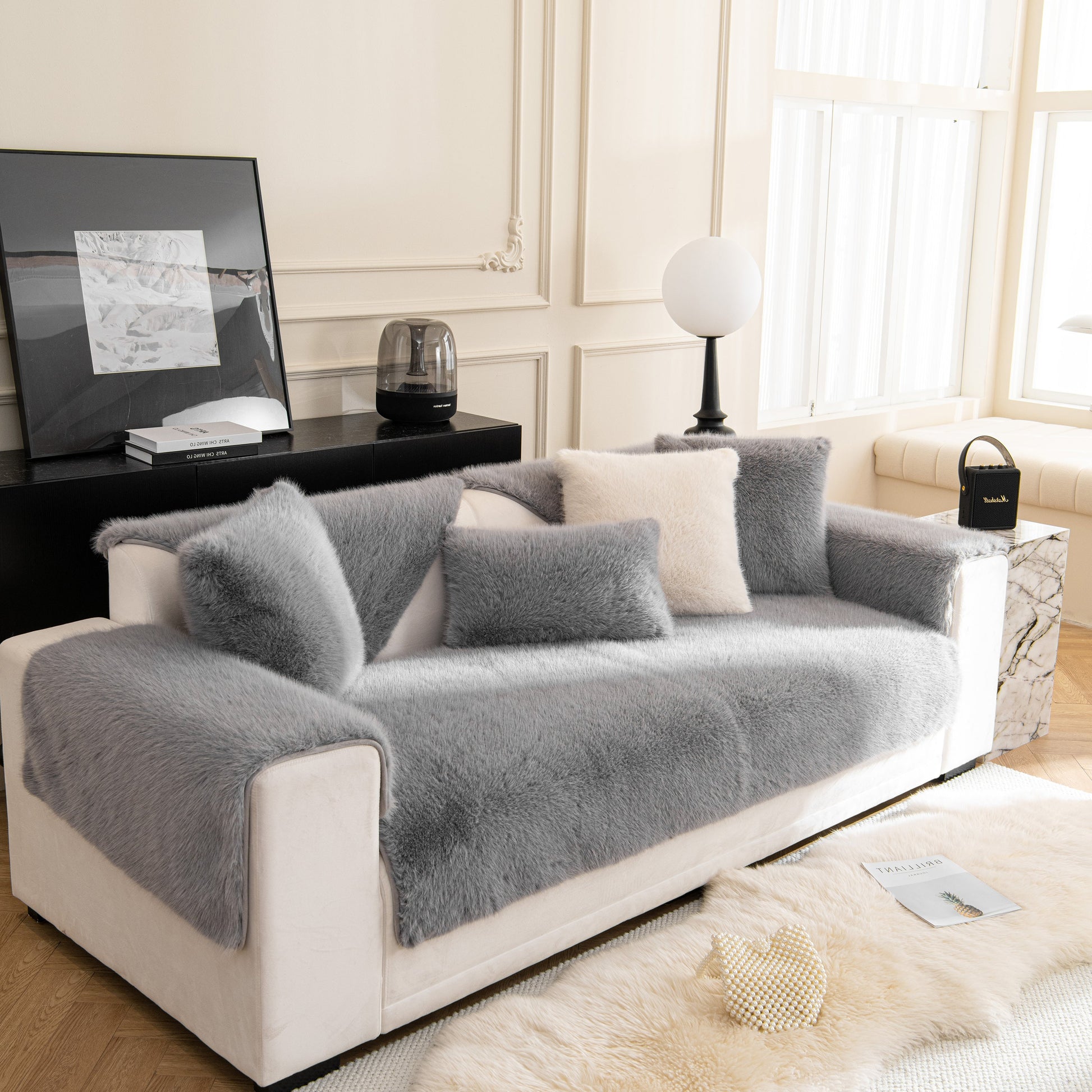 Faux Mink Velvet Luxury Fluffy Sofa Cushion, Winter Warm Thick Plush Non-slip Sofa Covers on white sofa in stylish room